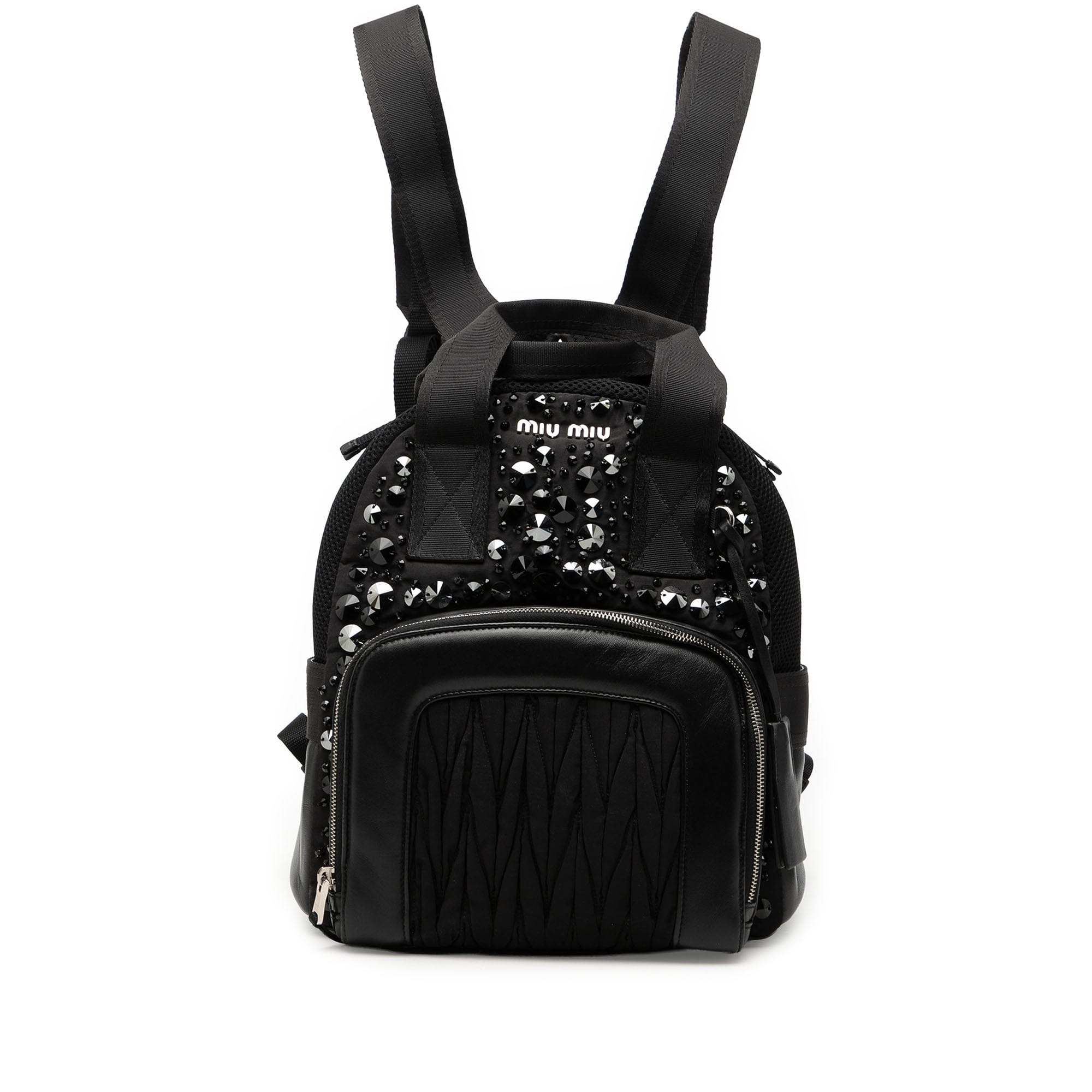 Miu Miu Leather Trimmed Matelasse Crystal Embellished Nylon Backpack