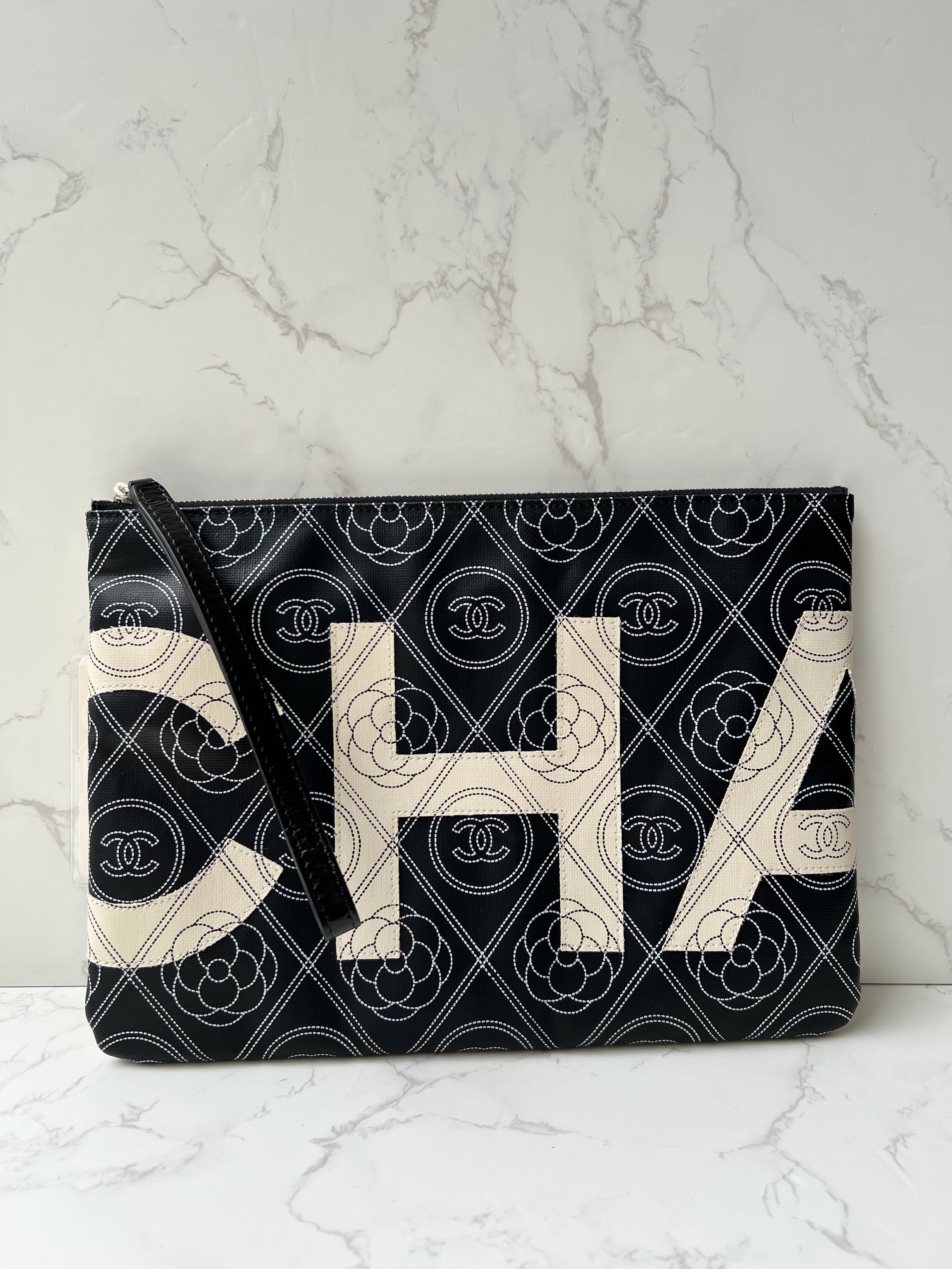 Chanel Camillia O Case Medium Quilted Canvas Black/Cream PHW #25 Comes with Dustbag SYCE2804IL