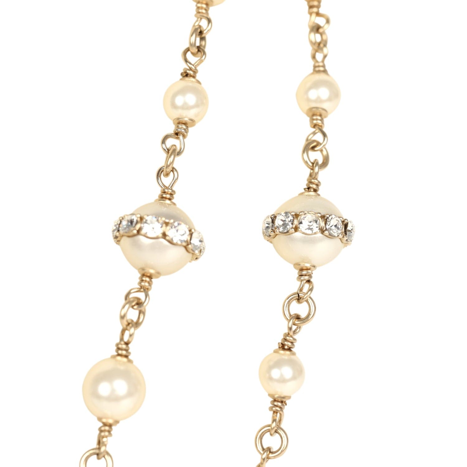 Chanel Long Crystal CC and Pearl Necklace Faux Pearls Gold Tone Hardware
