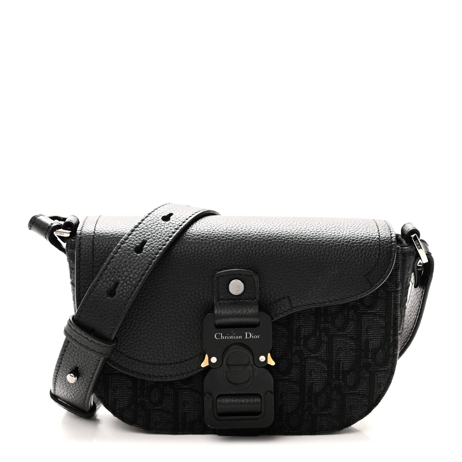 Christian Dior Oblique Jacquard Grained Calfskin Mini Saddle Messenger Bag With Flap Black