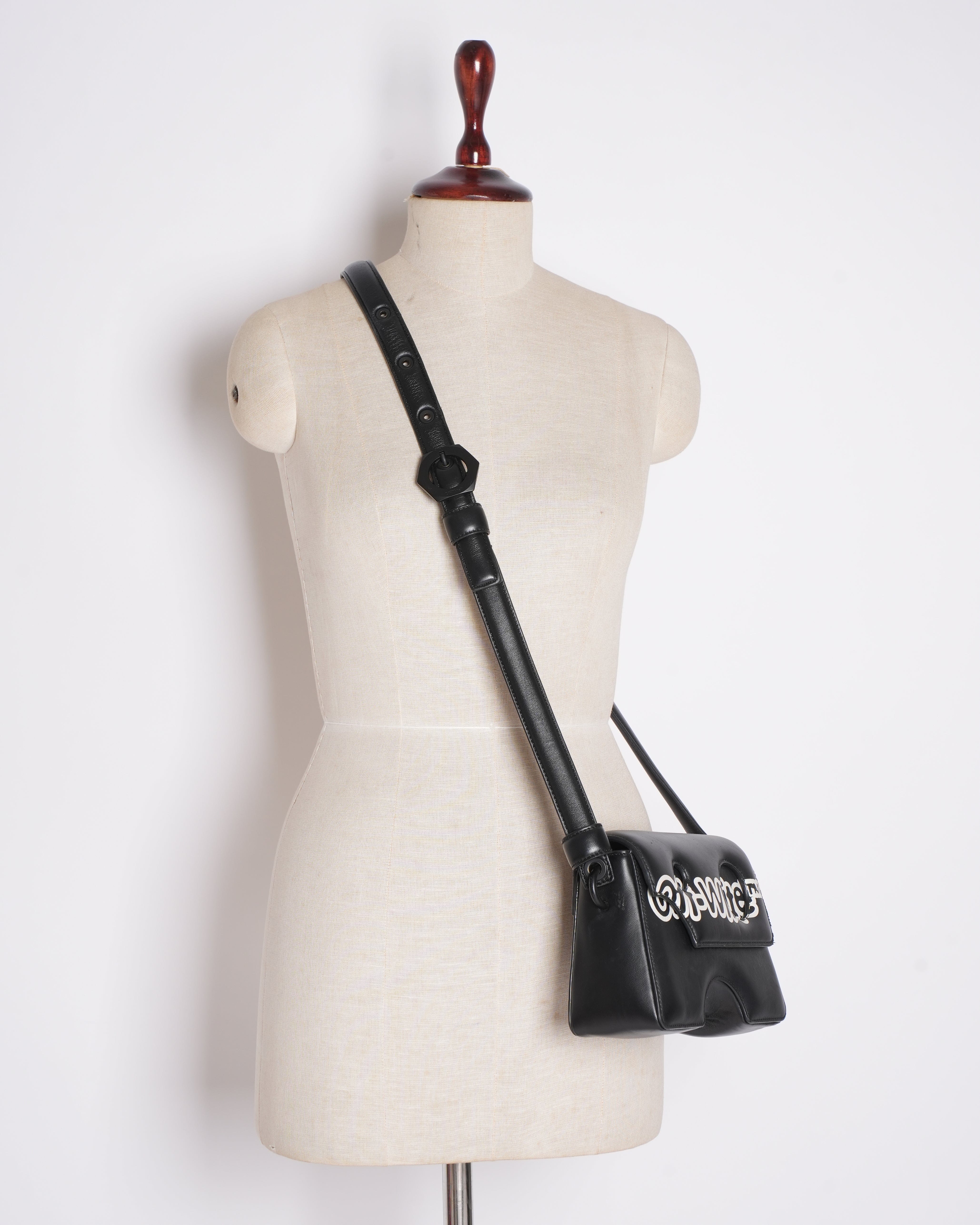 Off - White Leather Logo Burrow Leather Bag Black White