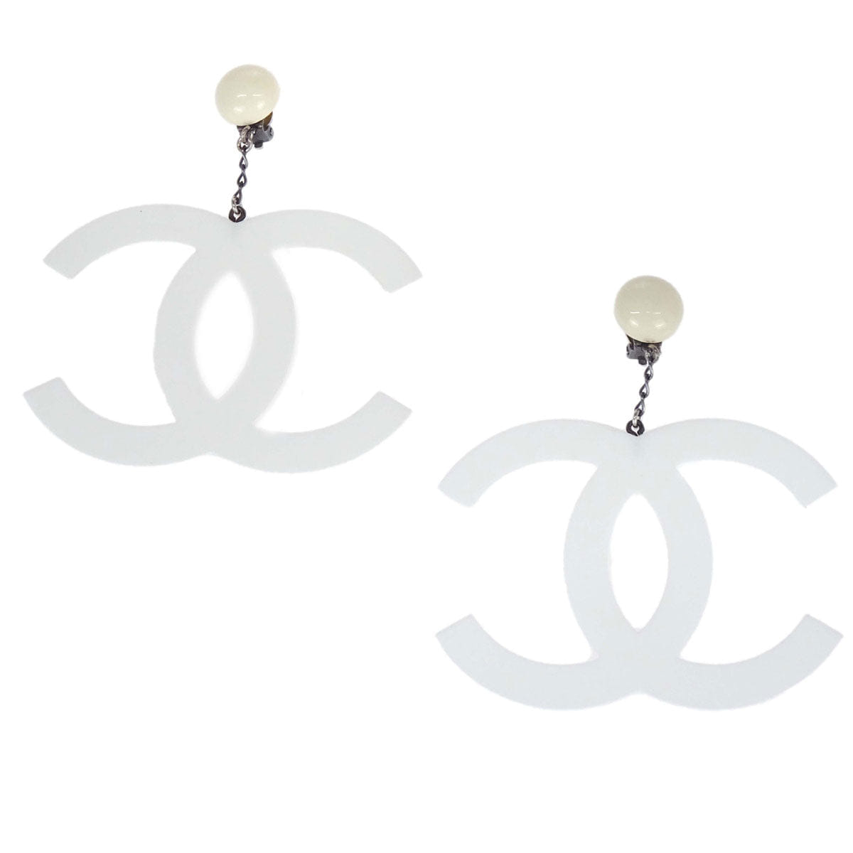 Chanel Dangle CC Clip - On Earrings White Acrylic 96P