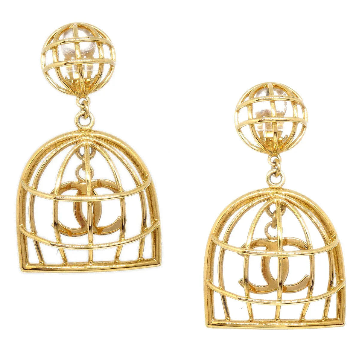 Chanel 1993 Birdcage Dangle Earrings Clip - On Gold