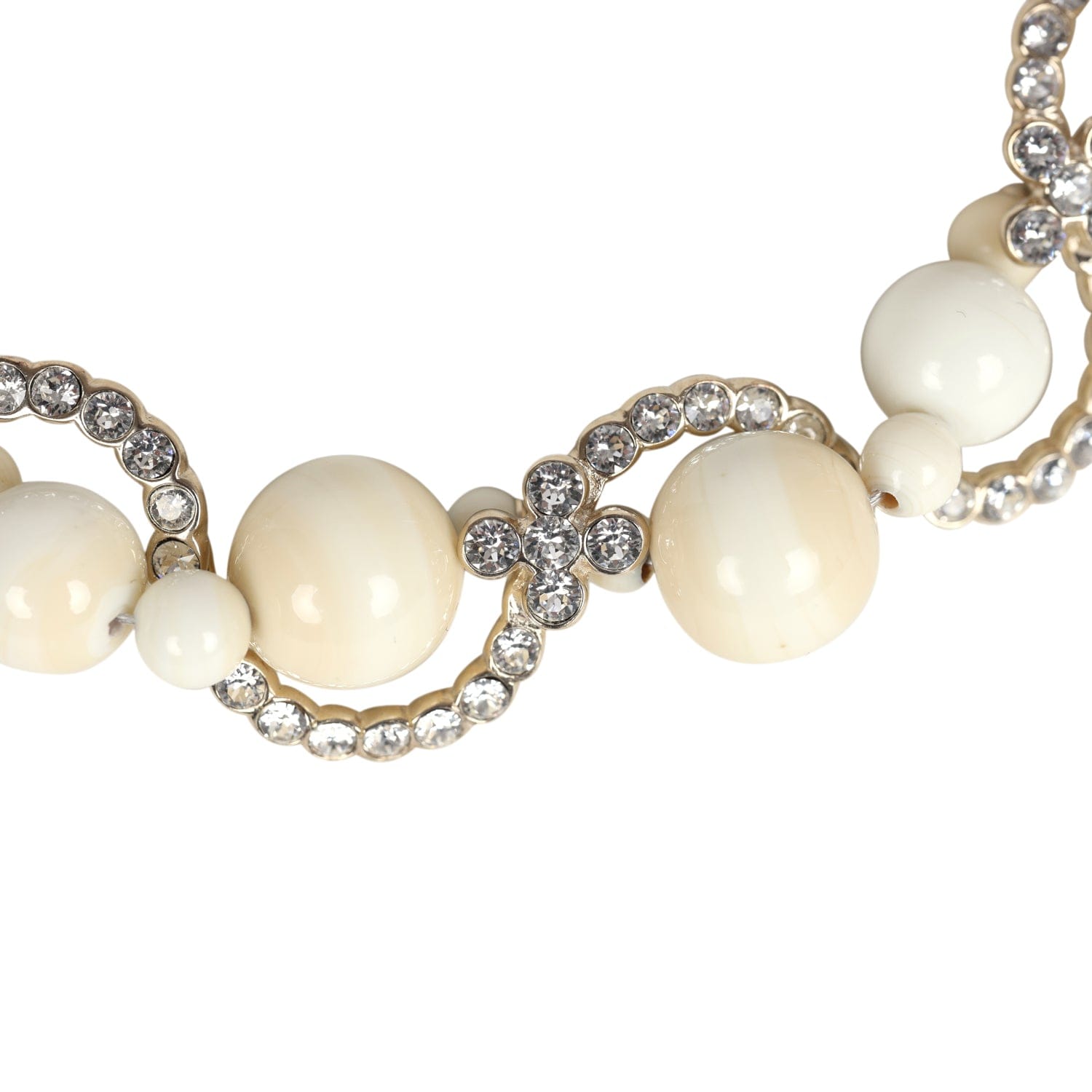 Chanel CC Faux Crystal Beaded Choker Necklace Beige and White Light Gold Tone Hardware