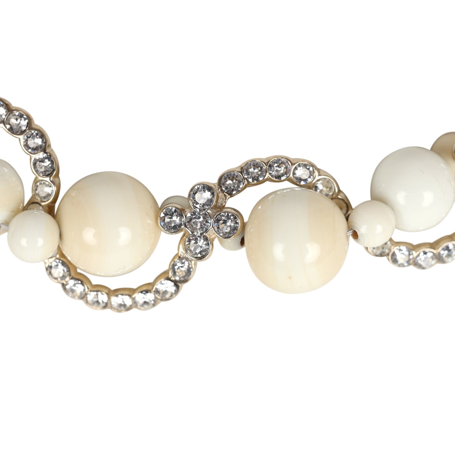 Chanel CC Faux Crystal Beaded Choker Necklace Beige and White Light Gold Tone Hardware