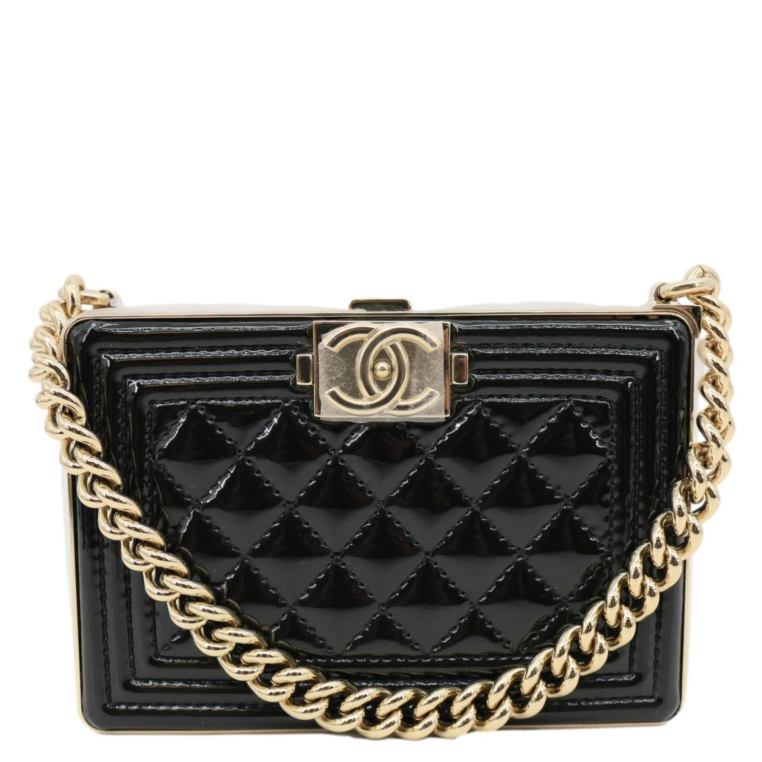 CHANEL Boy Minaudiere Quilted Patent Leather Chain Box Black