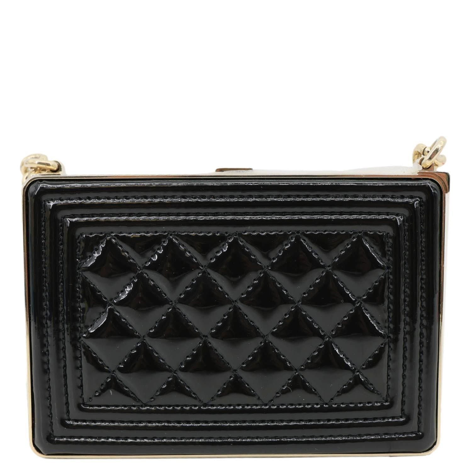 CHANEL Boy Minaudiere Quilted Patent Leather Chain Box Black