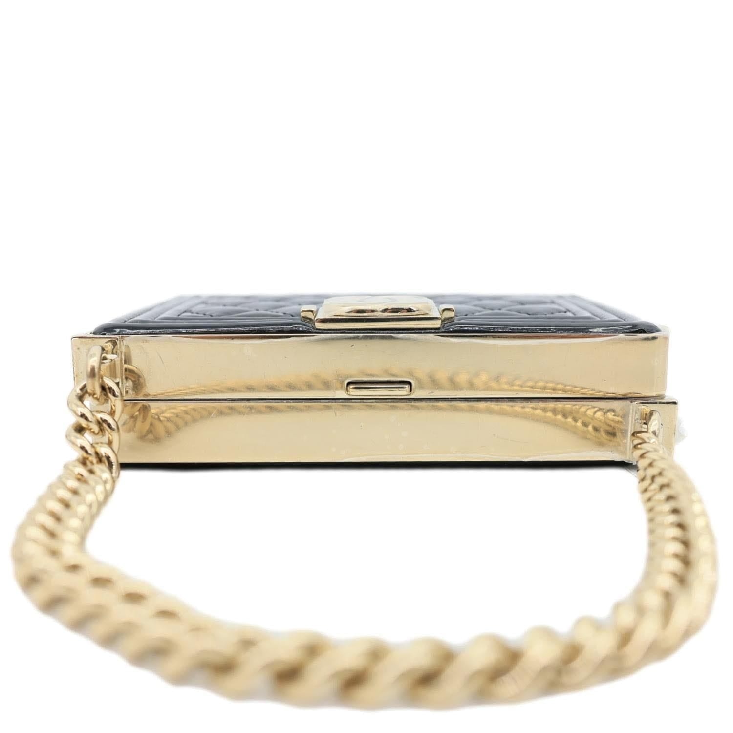 CHANEL Boy Minaudiere Quilted Patent Leather Chain Box Black
