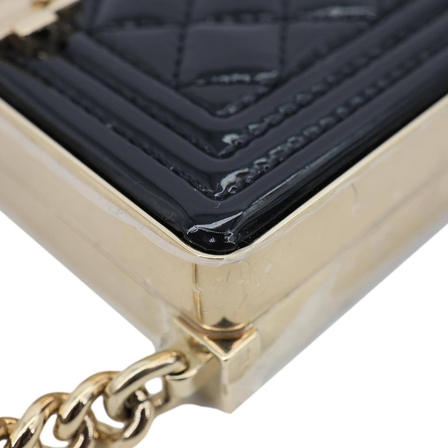 CHANEL Boy Minaudiere Quilted Patent Leather Chain Box Black