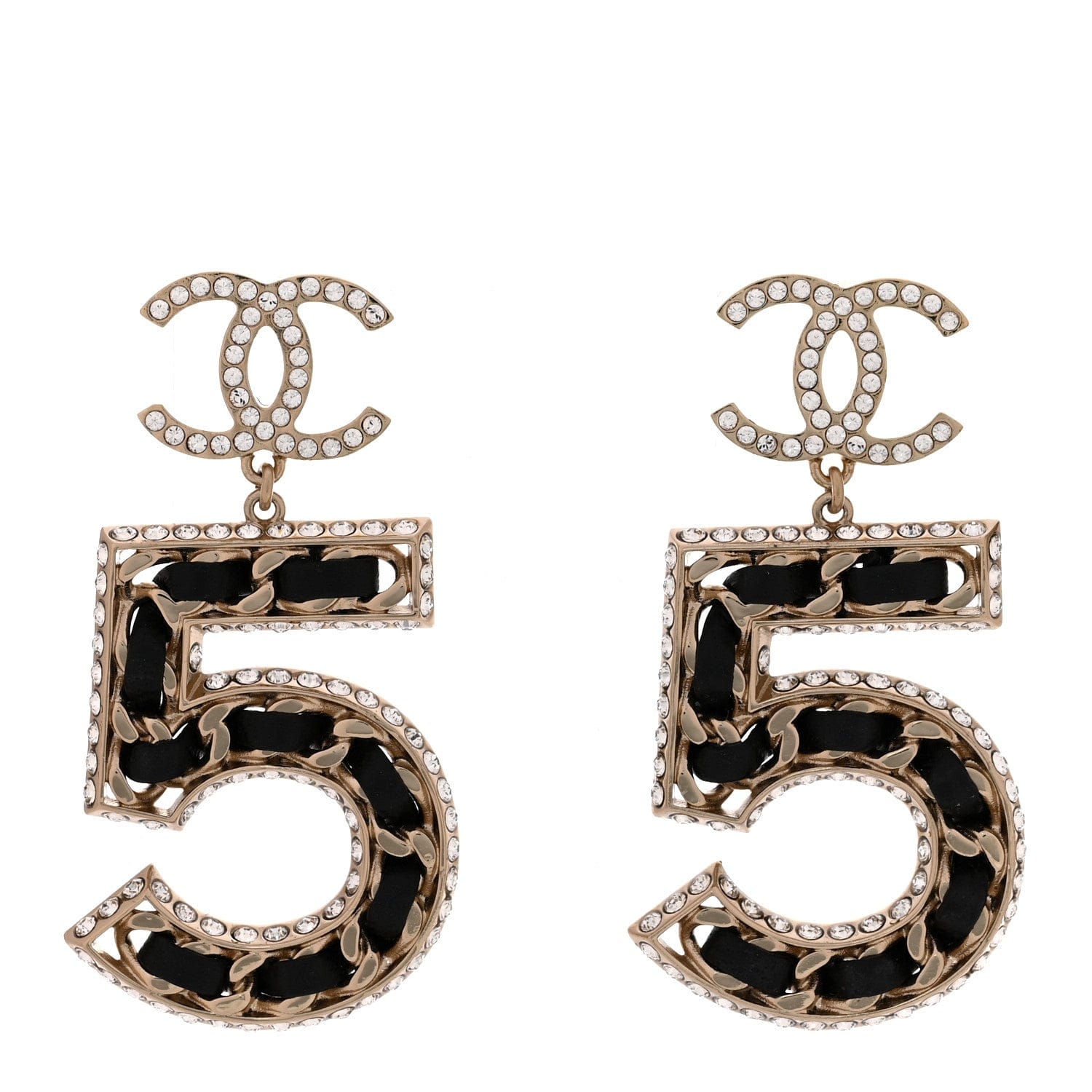 Chanel Crystal Lambskin Chain CC No 5 Drop Earrings Gold Black