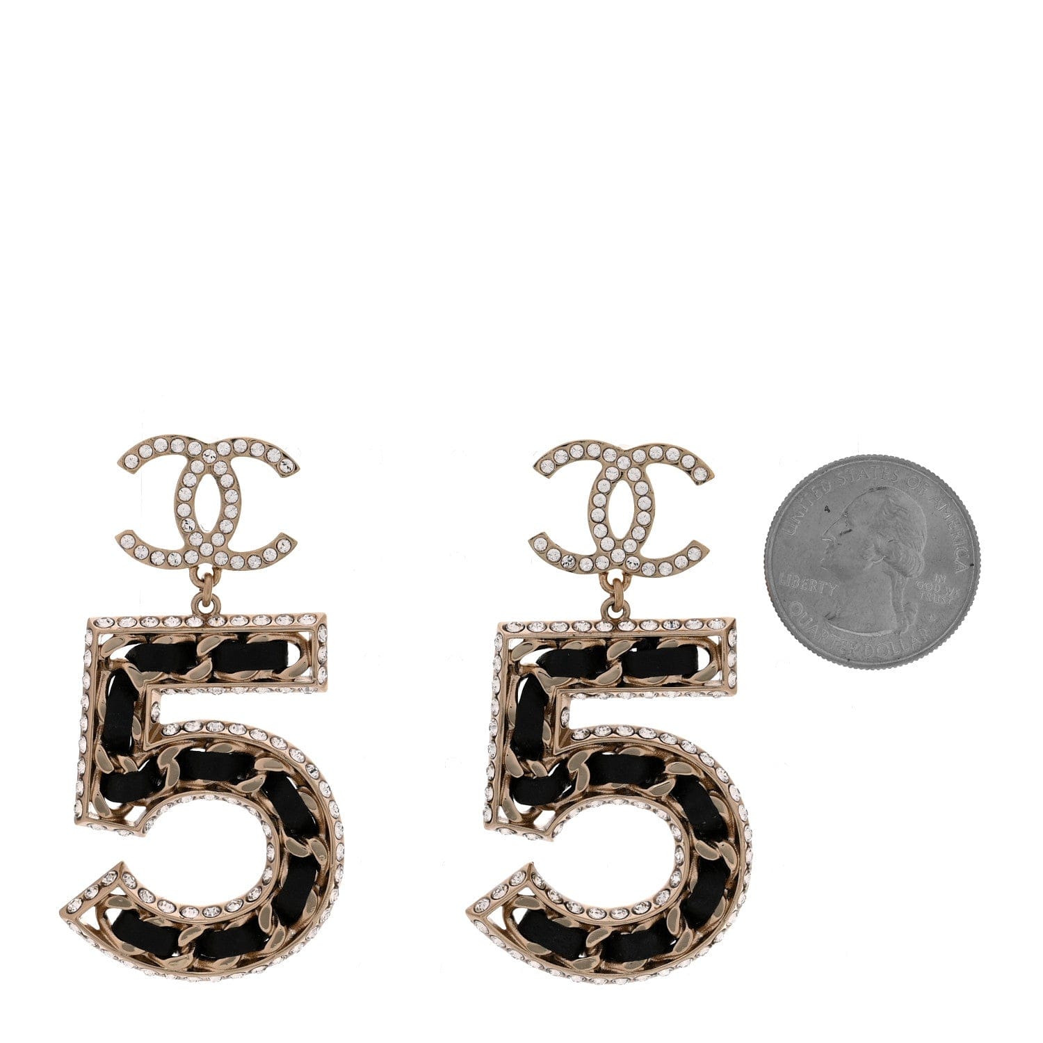 Chanel Crystal Lambskin Chain CC No 5 Drop Earrings Gold Black