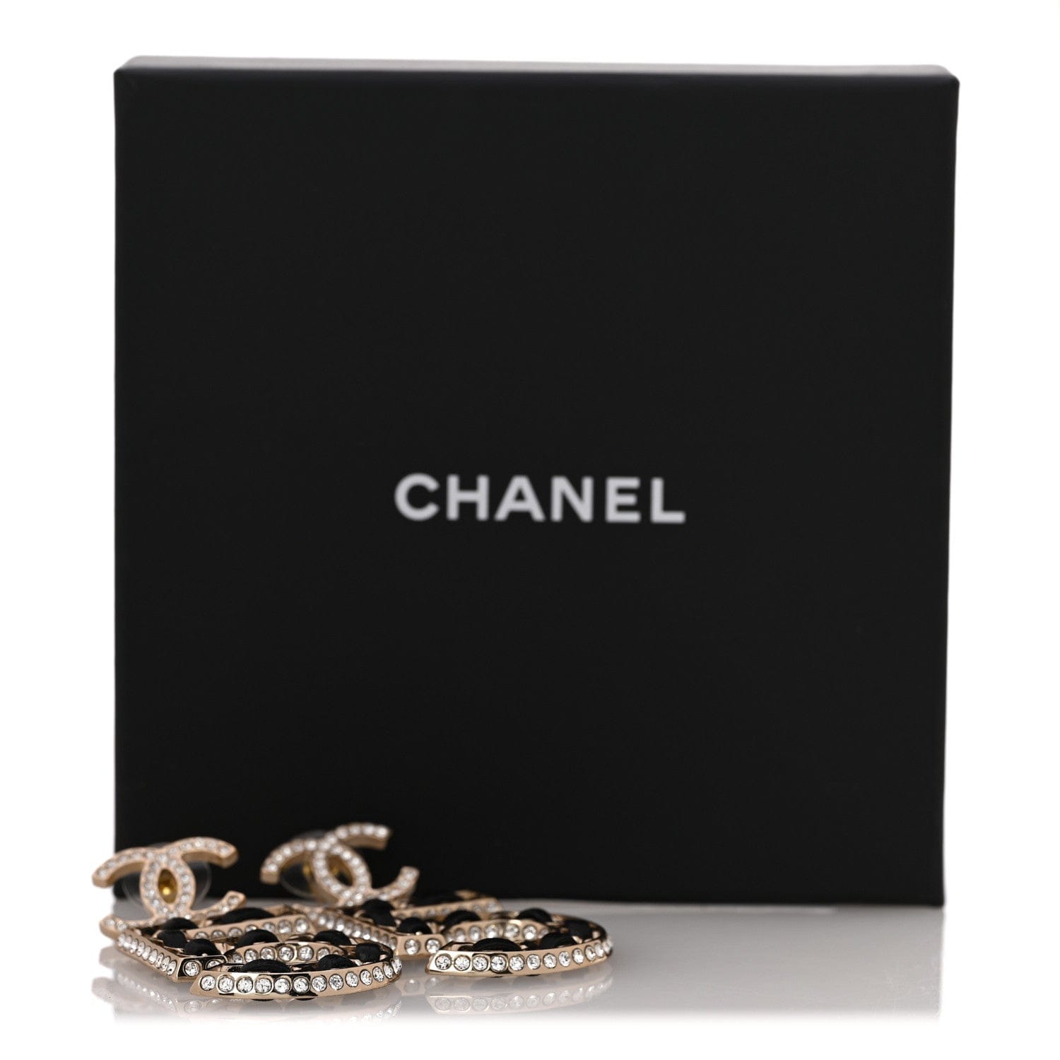 Chanel Crystal Lambskin Chain CC No 5 Drop Earrings Gold Black