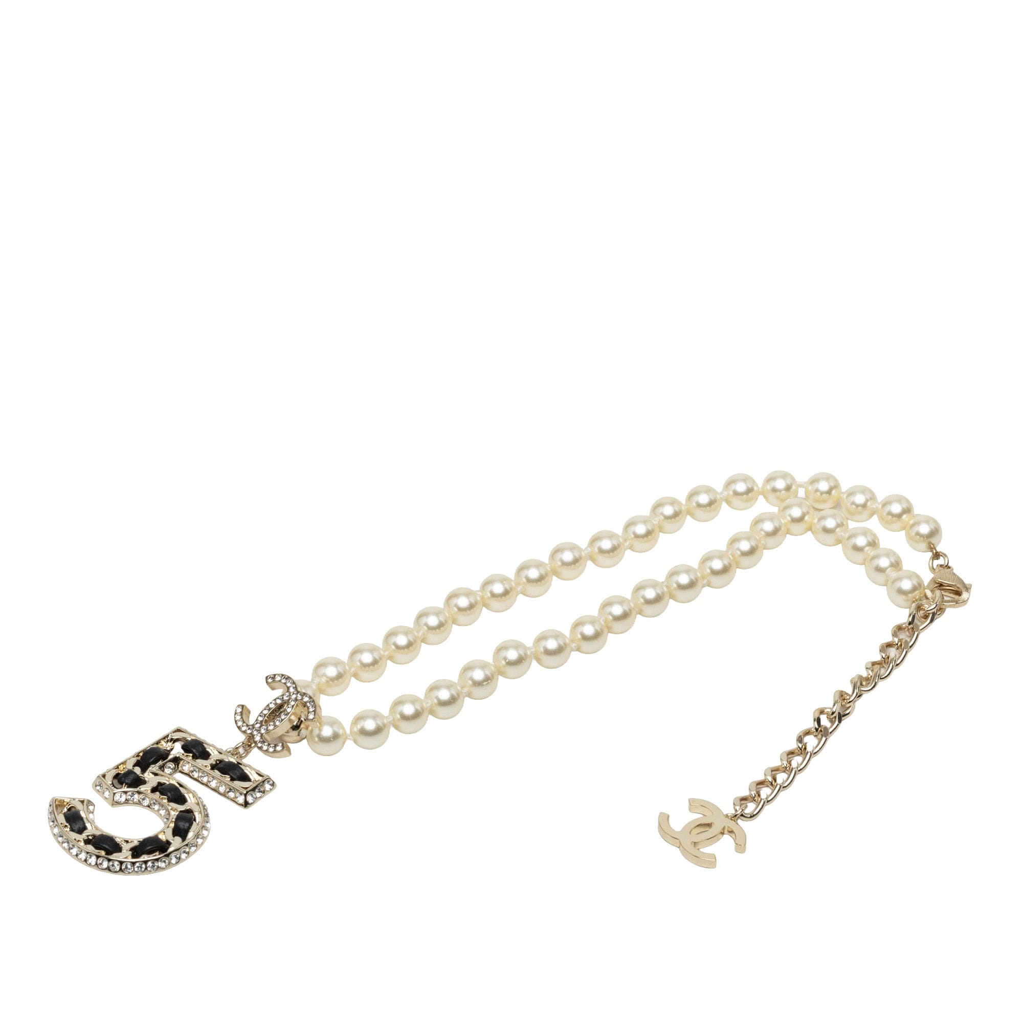 Chanel CC Brass No 5 Strass and Faux Pearl Pendant Necklace