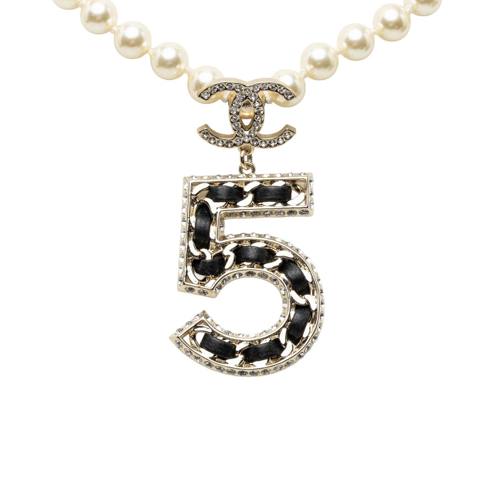 Chanel CC Brass No 5 Strass and Faux Pearl Pendant Necklace