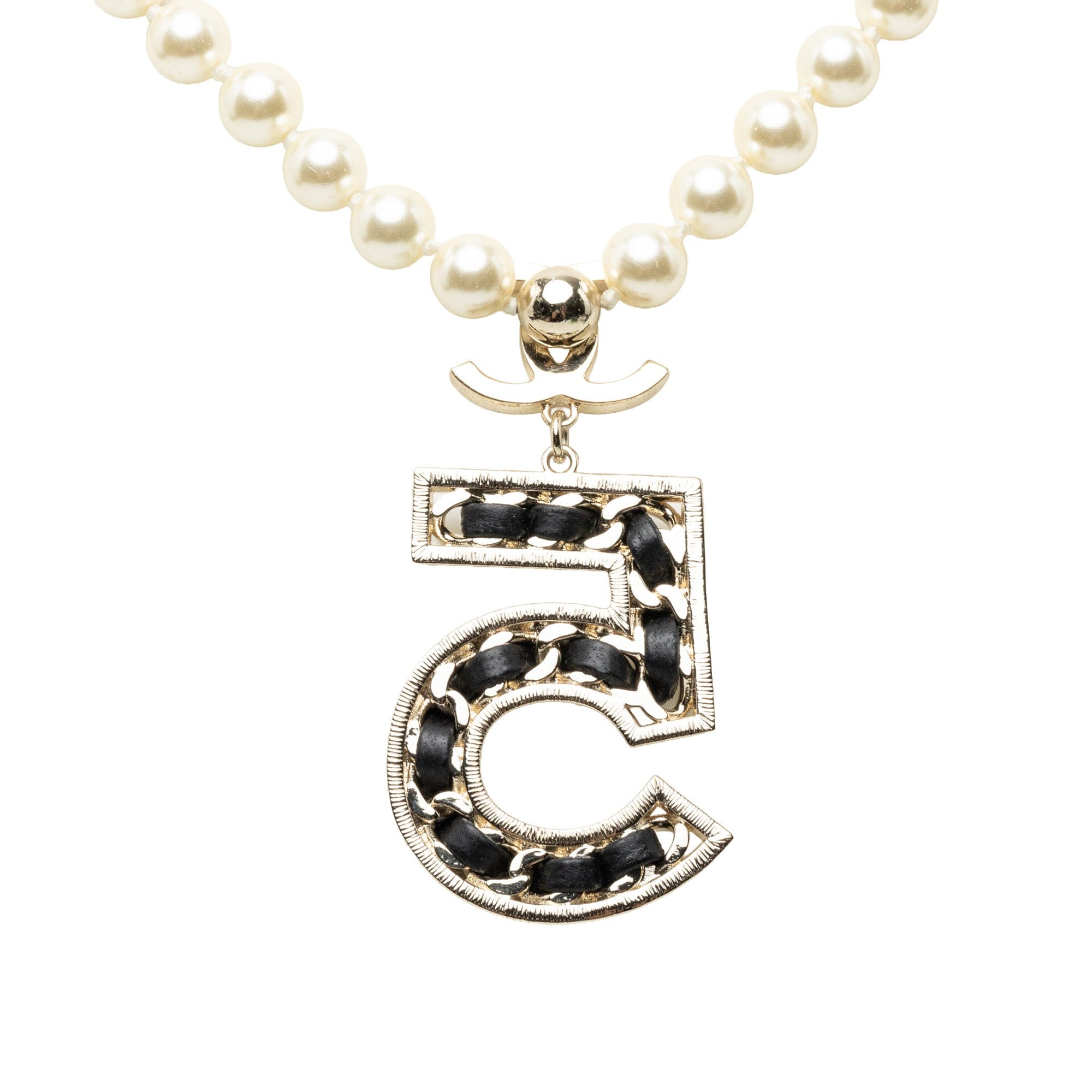 Chanel CC Brass No 5 Strass and Faux Pearl Pendant Necklace