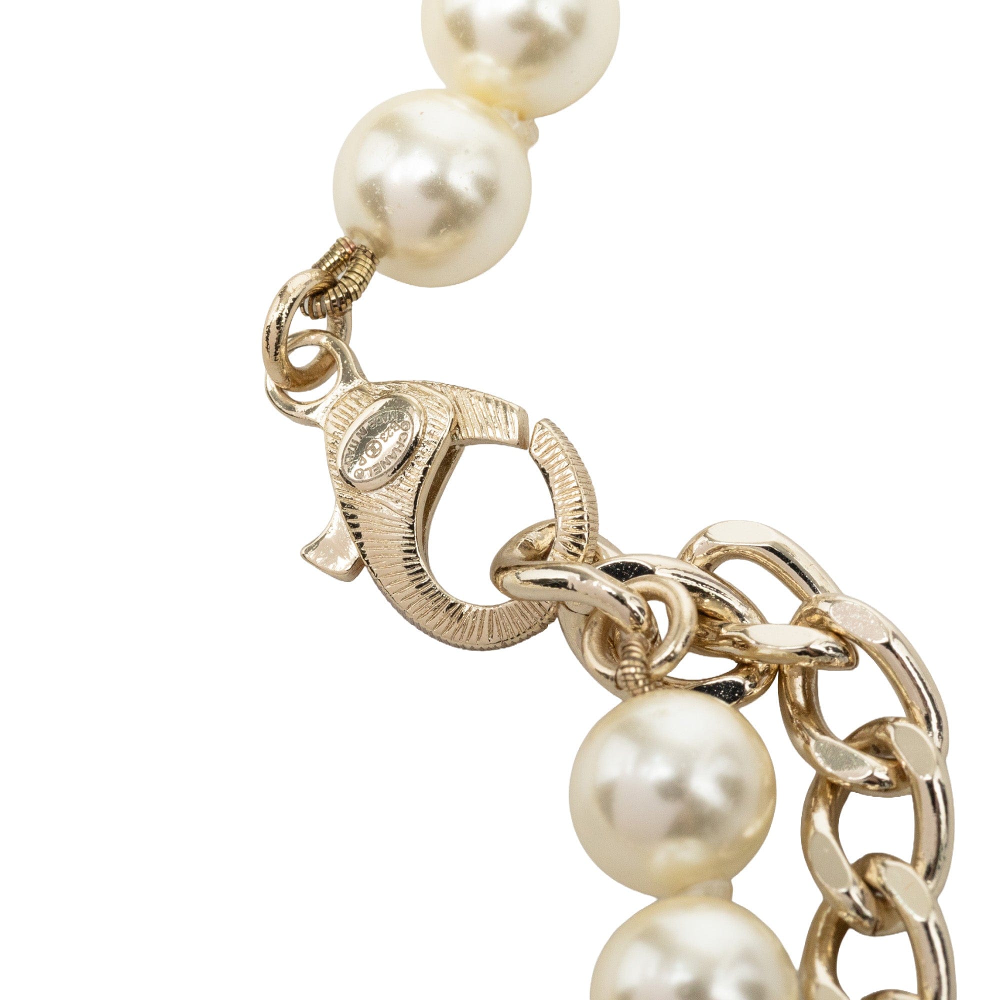 Chanel CC Brass No 5 Strass and Faux Pearl Pendant Necklace