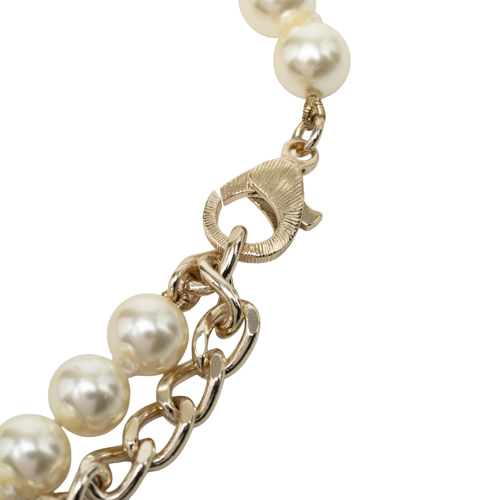 Chanel CC Brass No 5 Strass and Faux Pearl Pendant Necklace