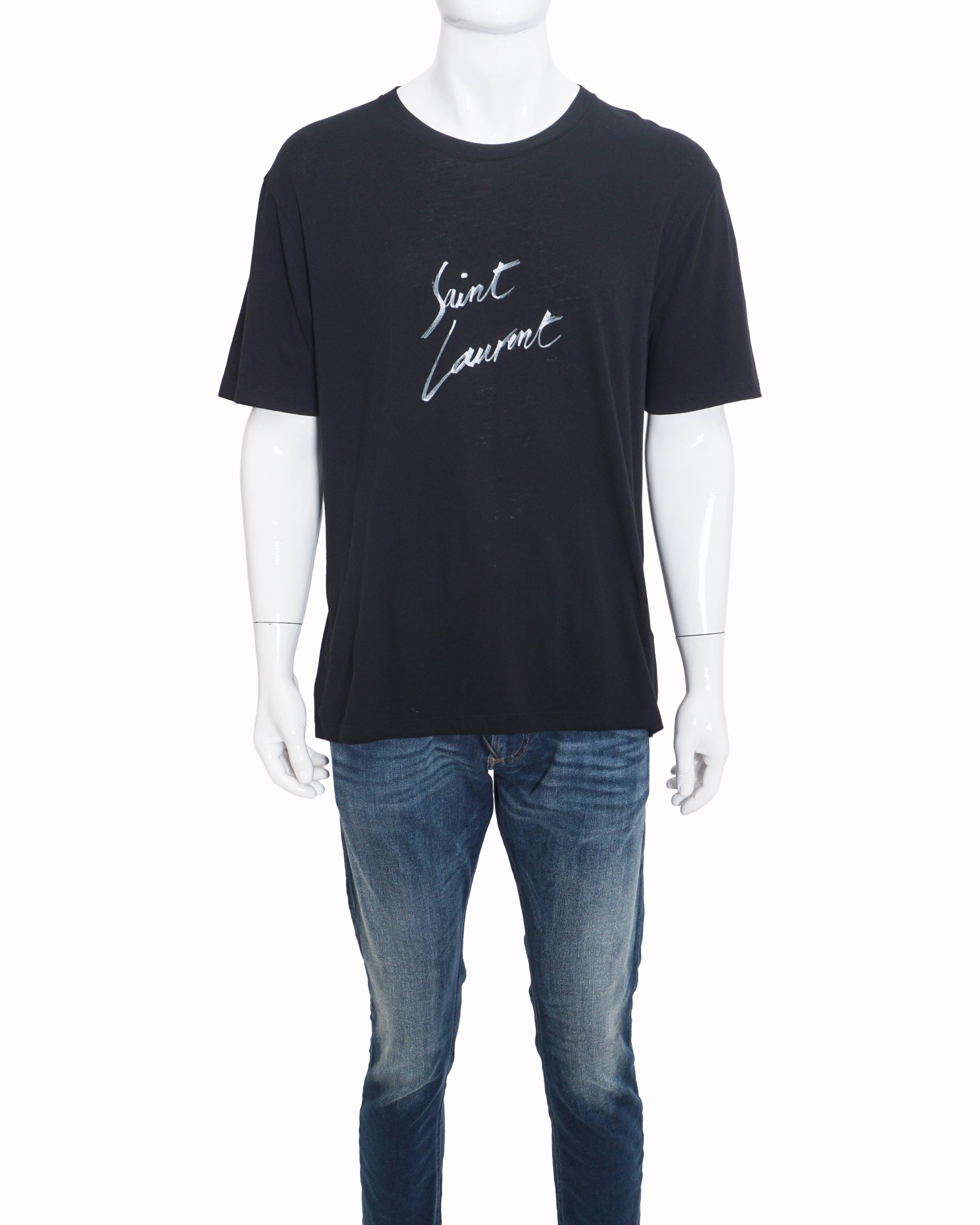 Saint Laurent Black Metallic Script Logo Men's T - Shirt