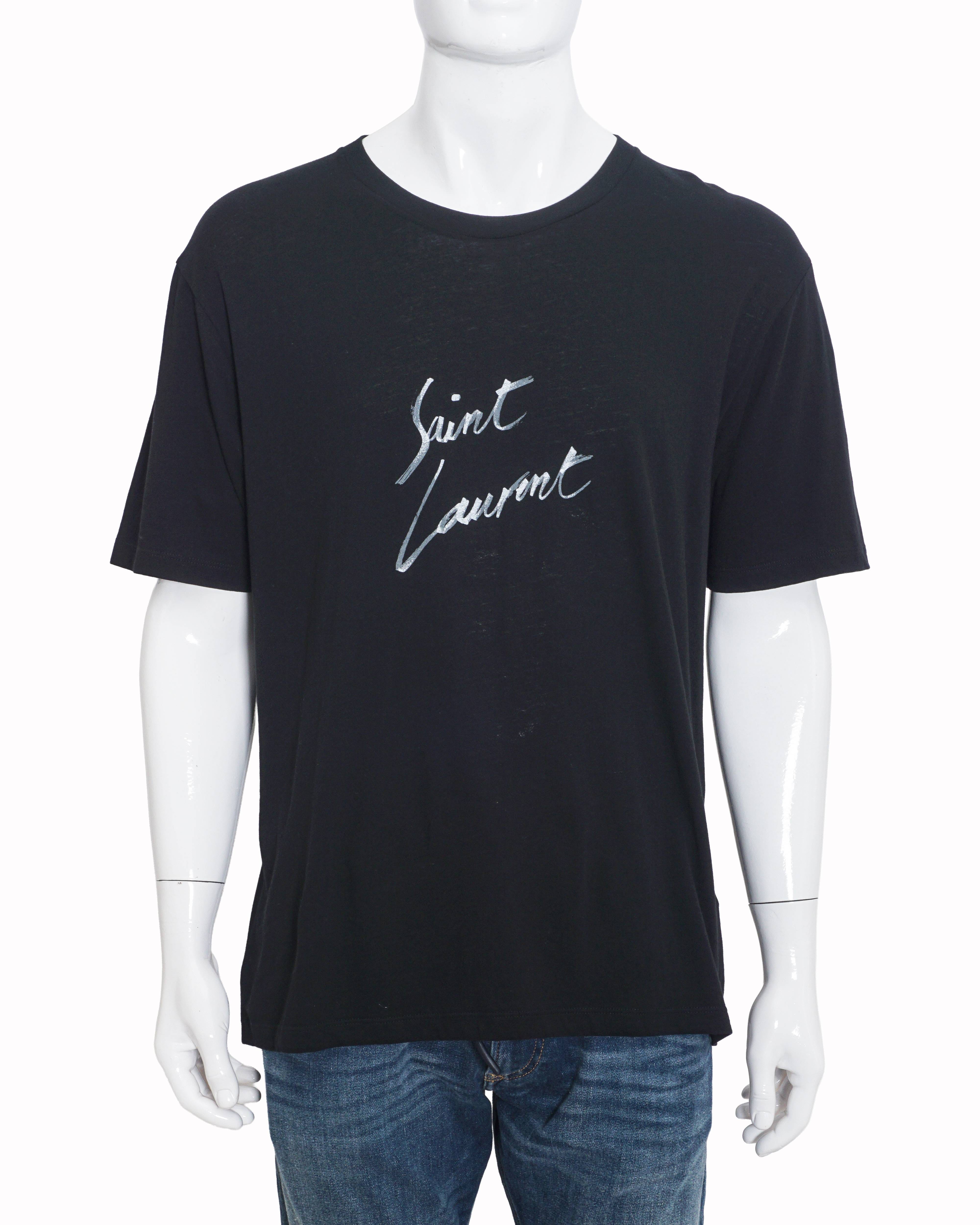 Saint Laurent Black Metallic Script Logo Men's T - Shirt