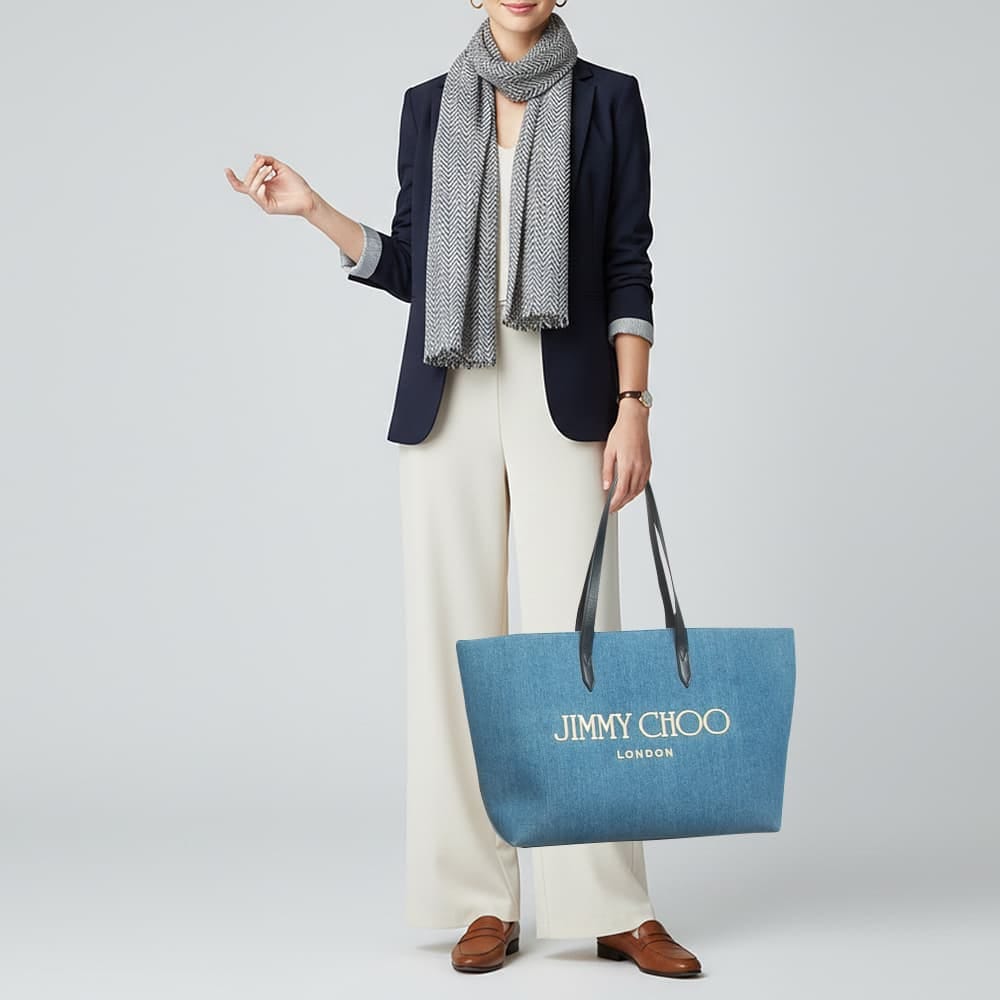 Jimmy Choo Logo Blue Denim And Leather Shopper Tote