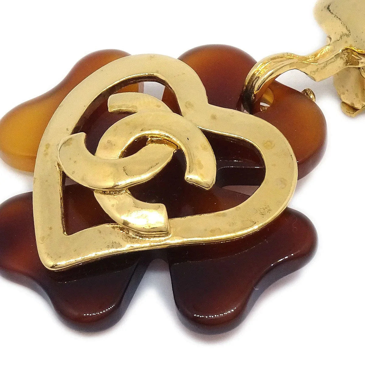 Chanel 1995 Faux Tortoiseshell Heart CC Dangle Earrings