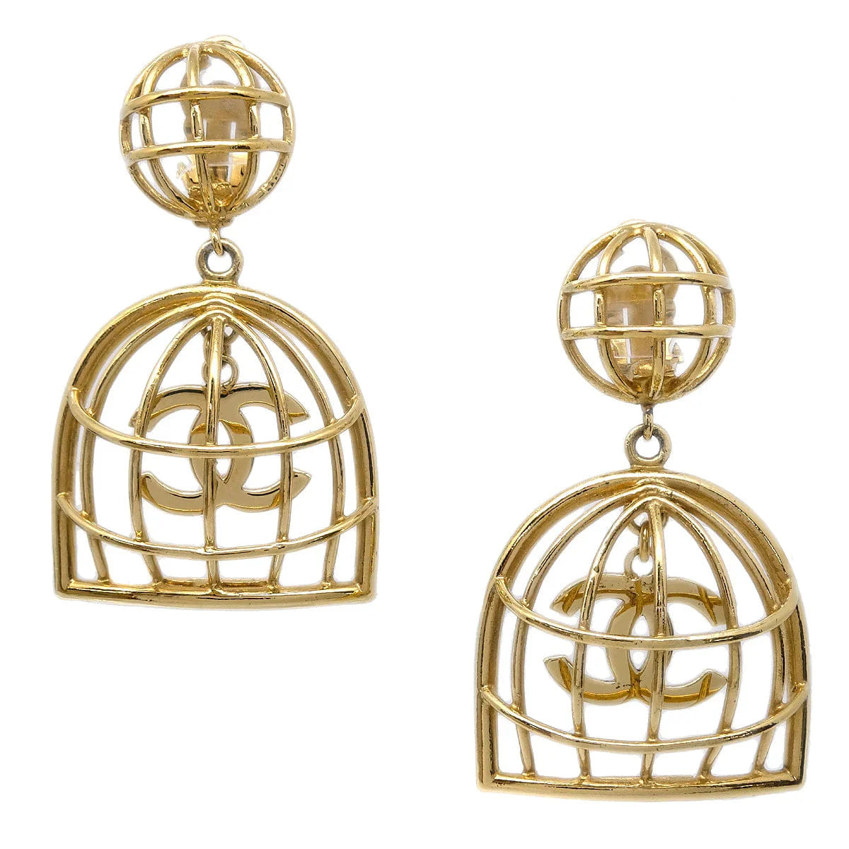 Chanel Birdcage Dangle Earrings Clip - On Gold
