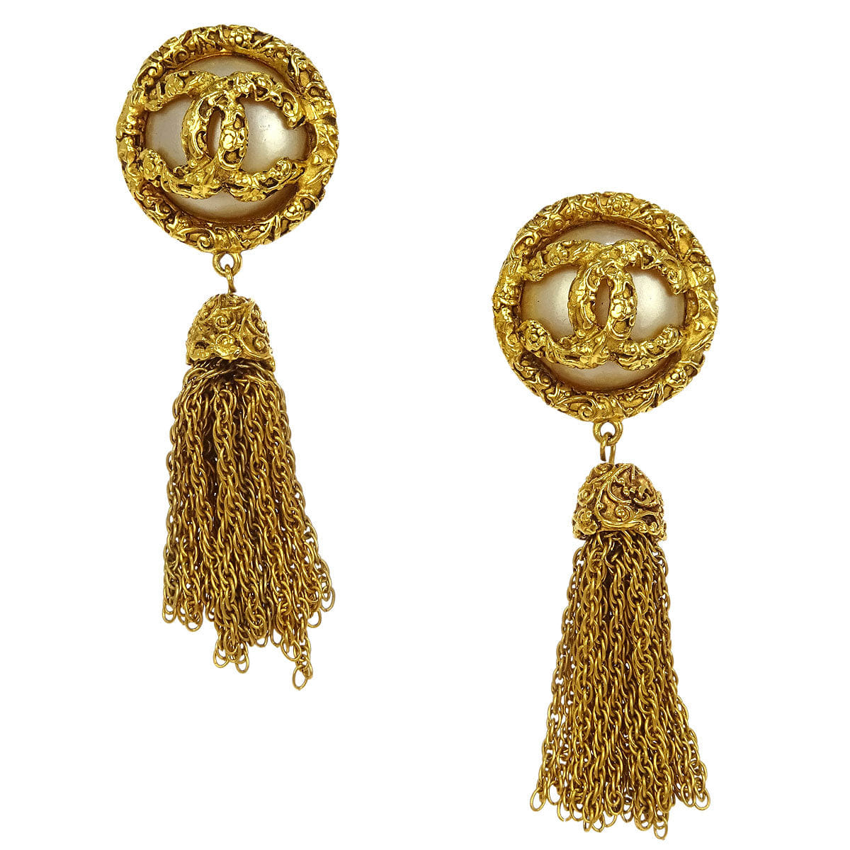 Chanel Costume Pearl Fringe Dangle Earrings Clip - On Gold 93A