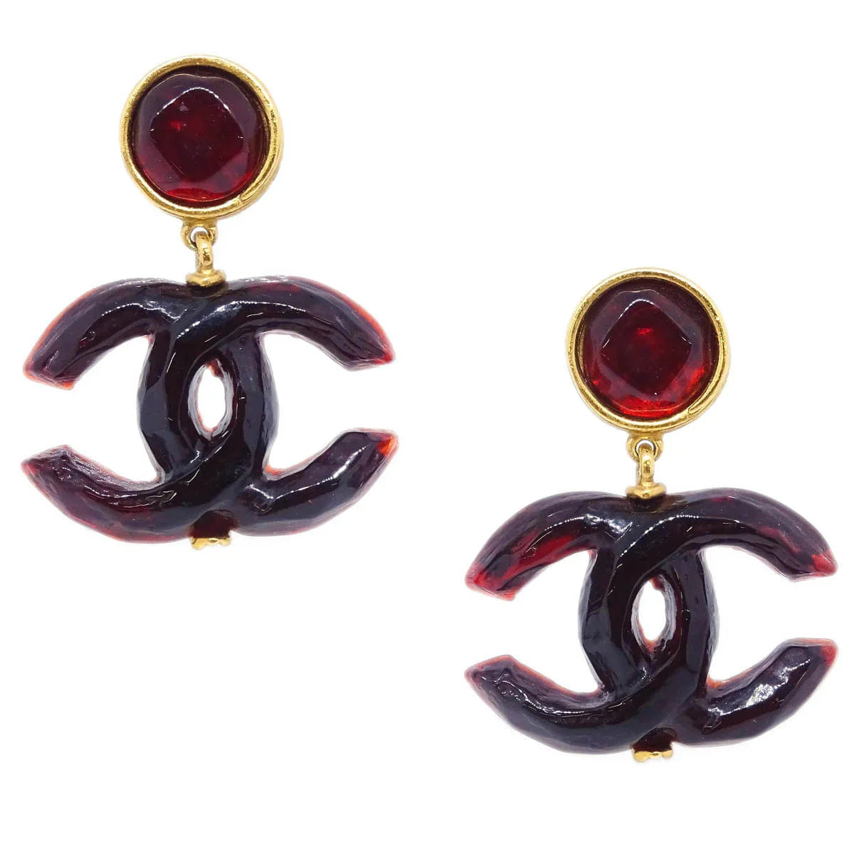 Chanel CC Dangle Earrings Gold Clip - On Red 99P