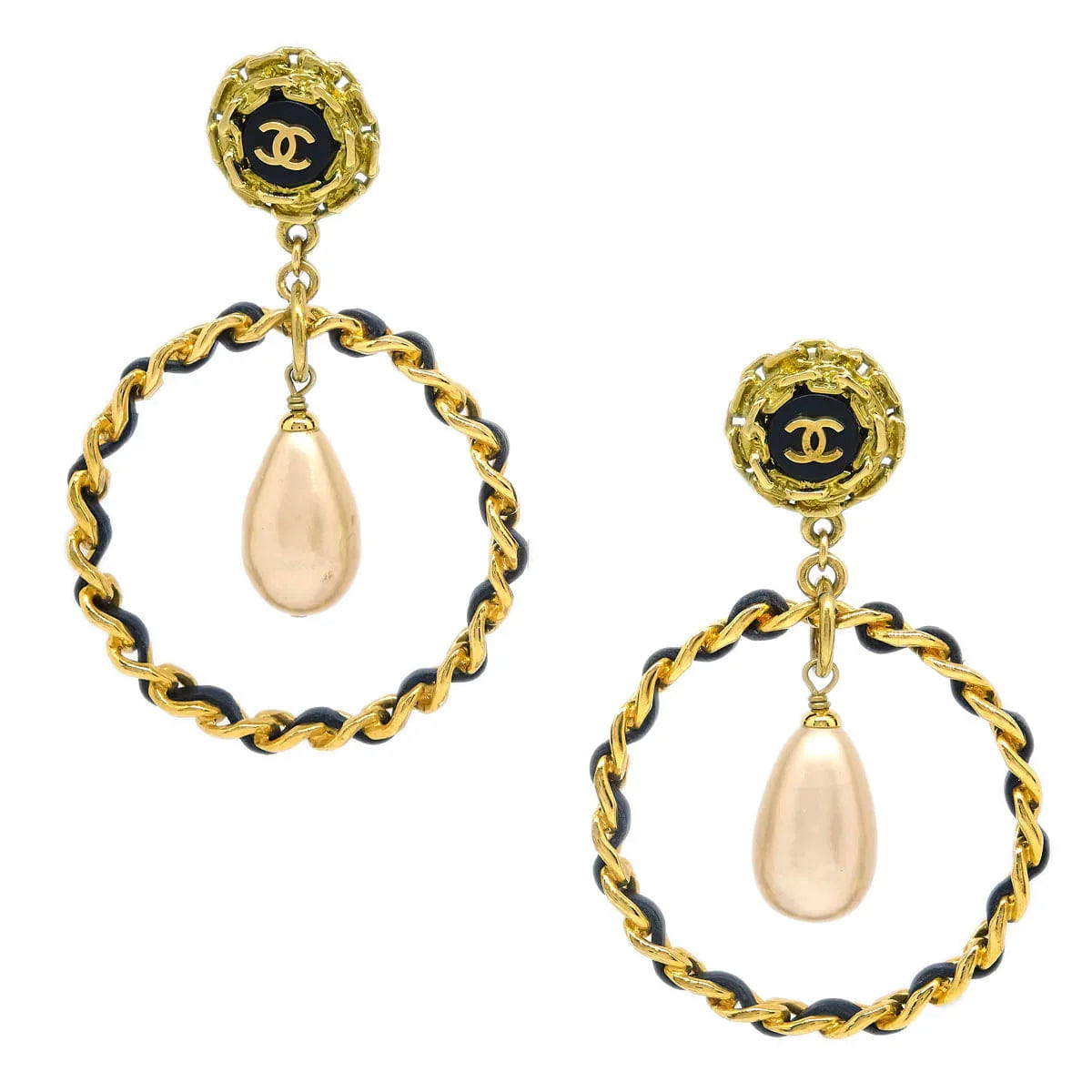 Chanel Dangle Hoop Earrings Gold Costume Pearl Clip - On 95P