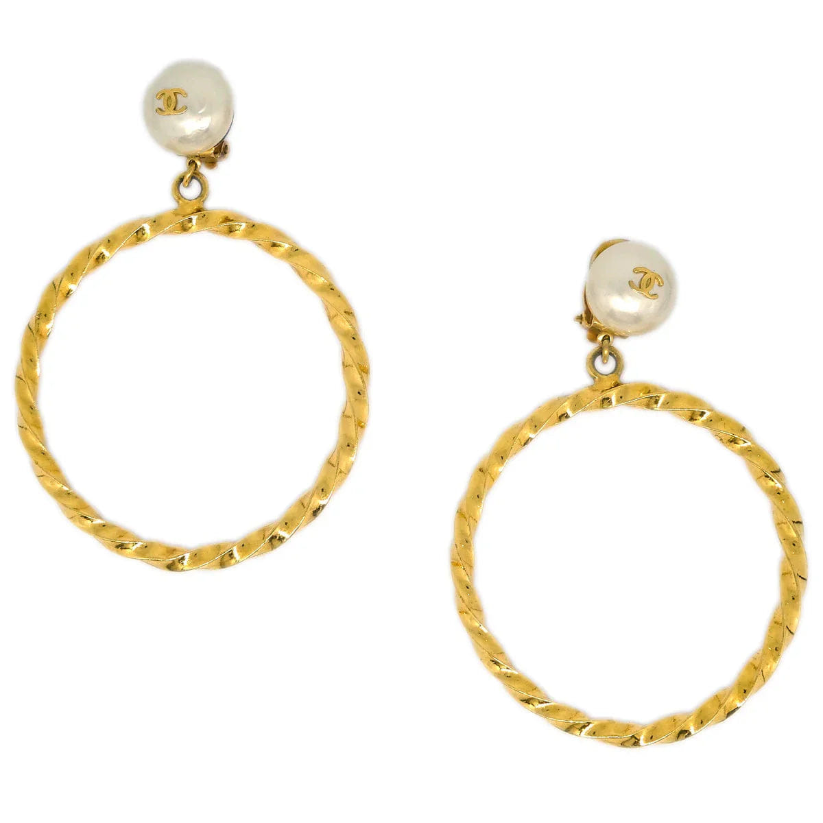 Chanel Hoop Earrings Gold Costume Pearl Clip - On 96A