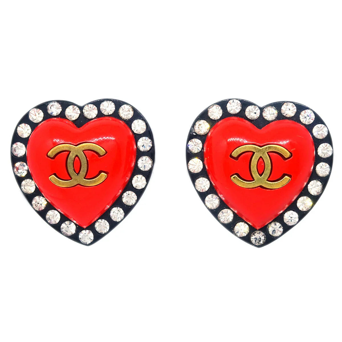 Chanel Heart Rhinestone Earrings Clip - On Red 95P