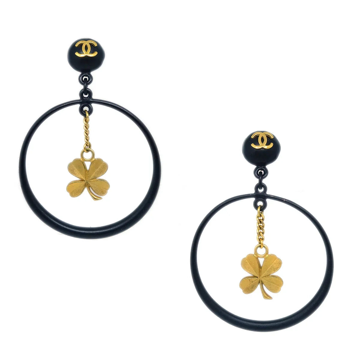Chanel Black Clover Hoop Dangle Earrings Clip - On 94C