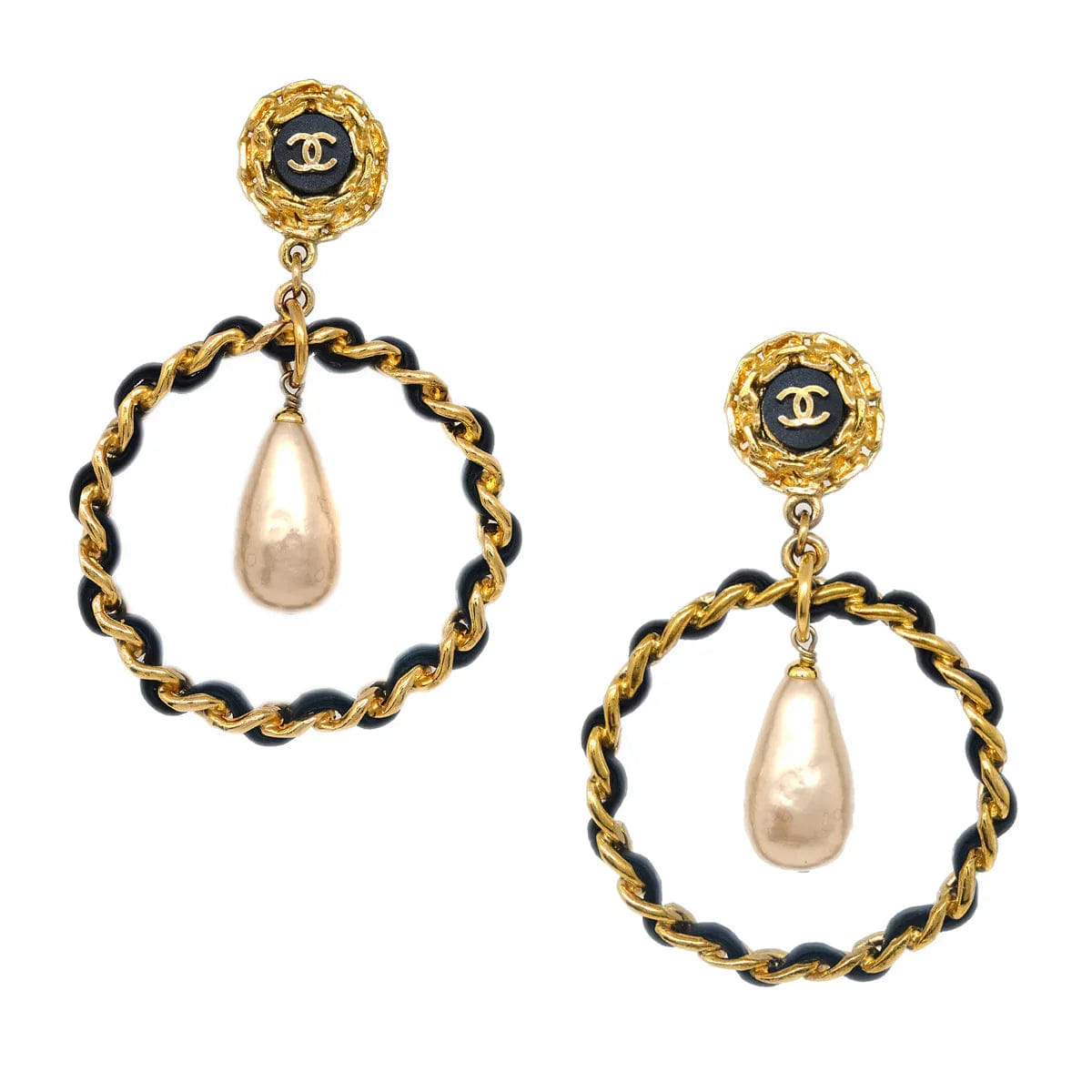 Chanel Dangle Hoop Earrings Gold Artificial Pearl Clip - On 27