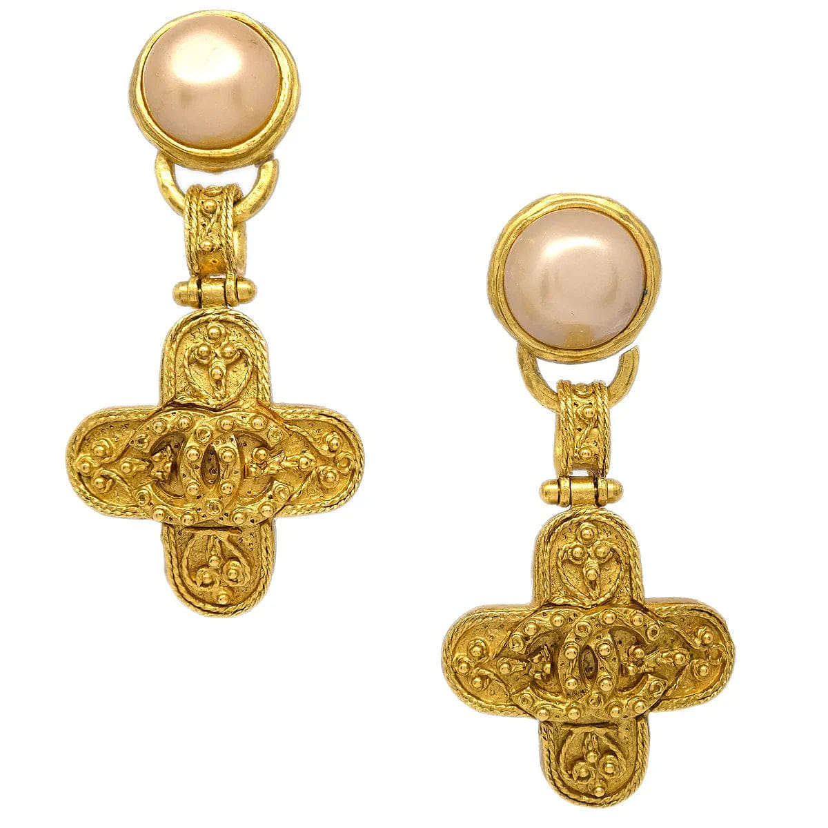 Chanel Artificial Pearl Dangle Earrings Clip - On Gold 94A