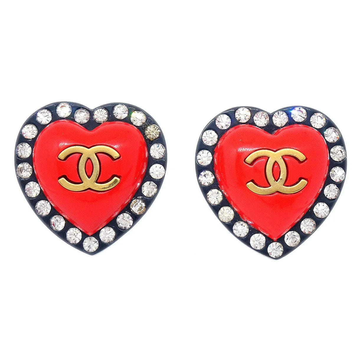 Chanel 1995 Heart Rhinestone Earrings Clip - On