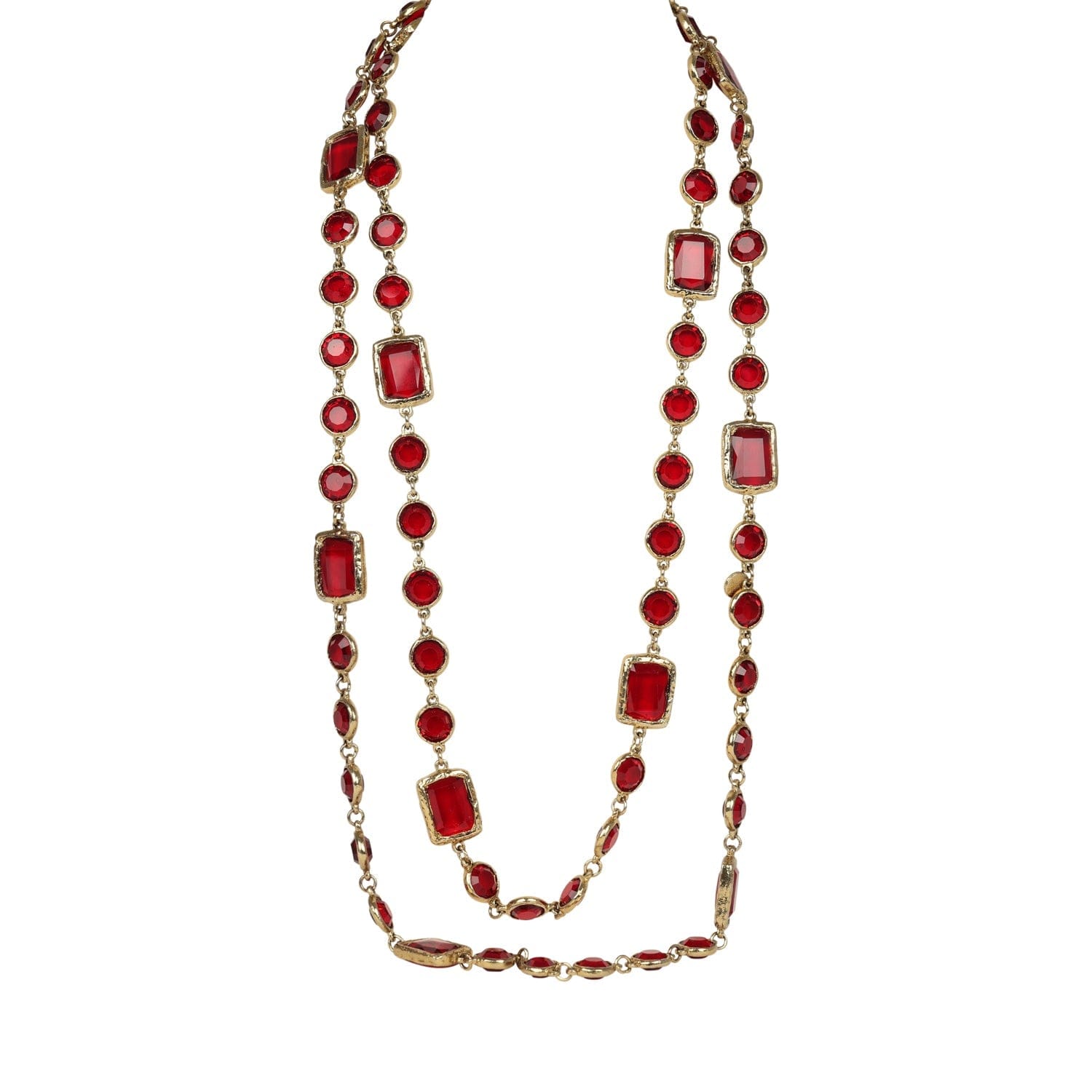 Chanel Vintage 1981 Chanel Chicklet Long Necklace Red Gripoix Gold Plated Hardware