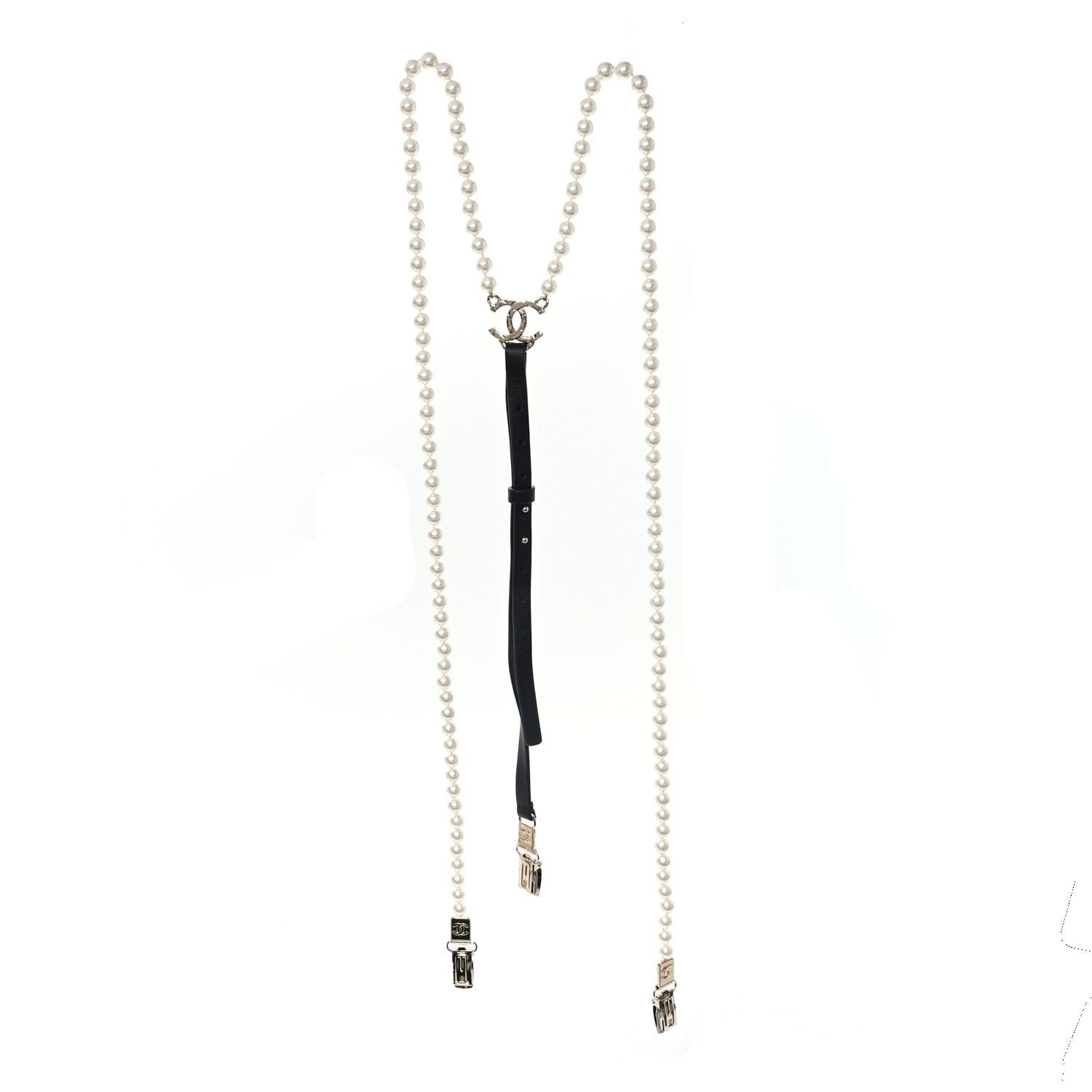 Chanel Calfskin Pearl CC Suspenders XL Black Pearly White