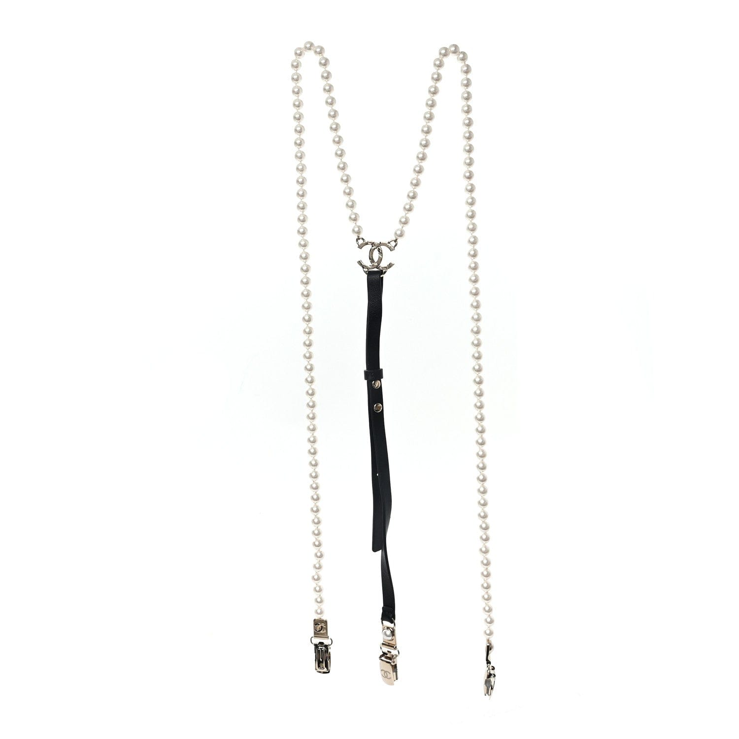 Chanel Calfskin Pearl CC Suspenders XL Black Pearly White