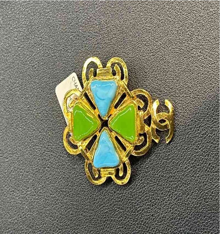 CHANEL 1995 Blue and Green Glass Brooch HZ604059