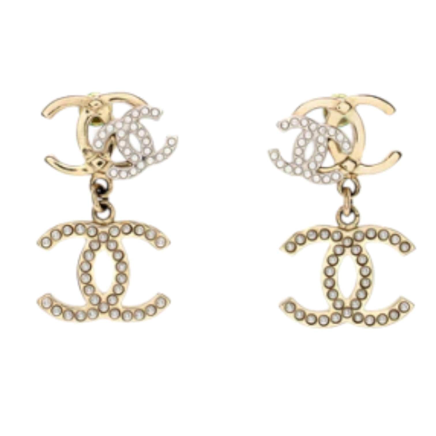 Chanel Triple CC Logo Earrings Light Gold Tone