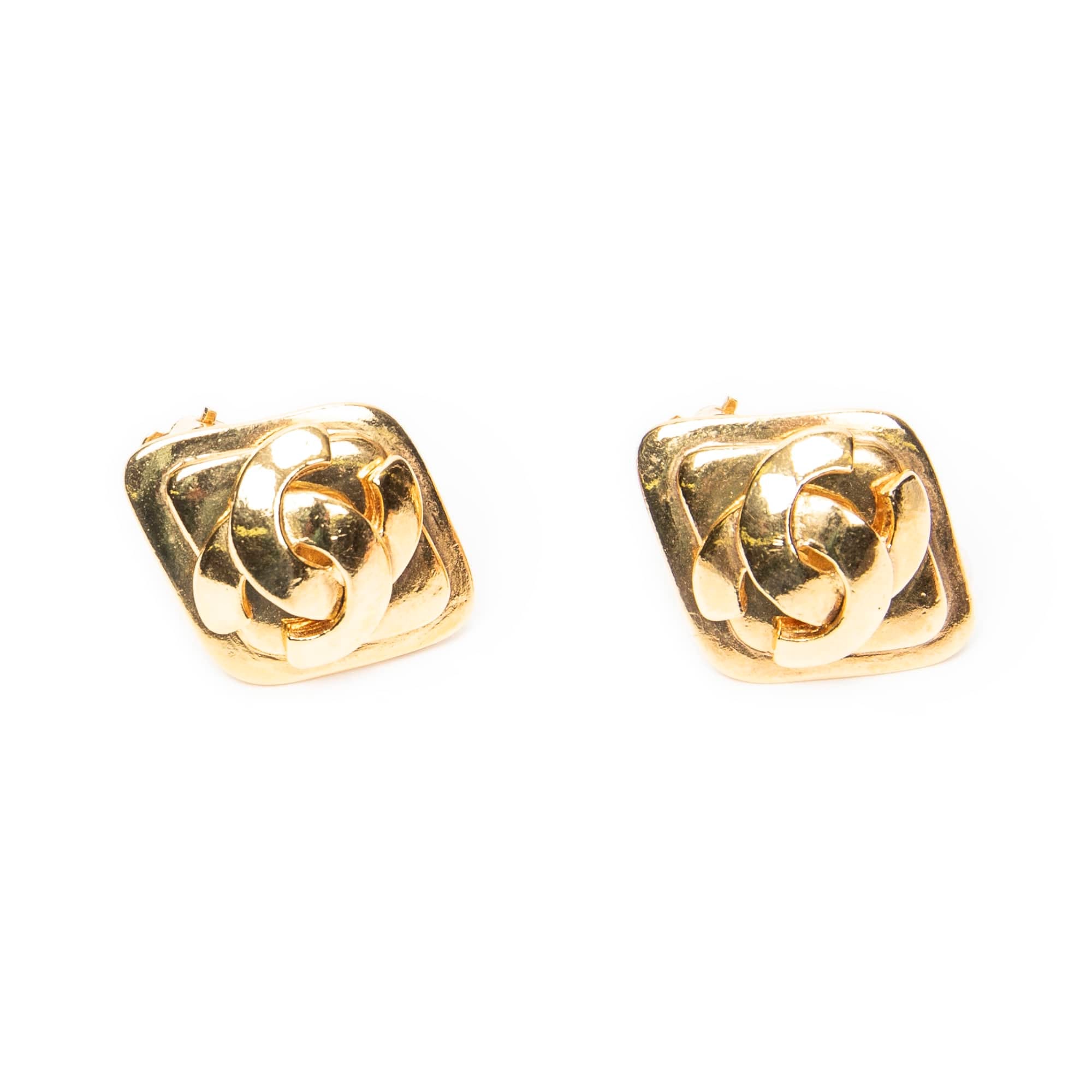 Chanel Gold Stainless Steel without Nickel CC Diamond - shaped Clip On Earrings ABC5827