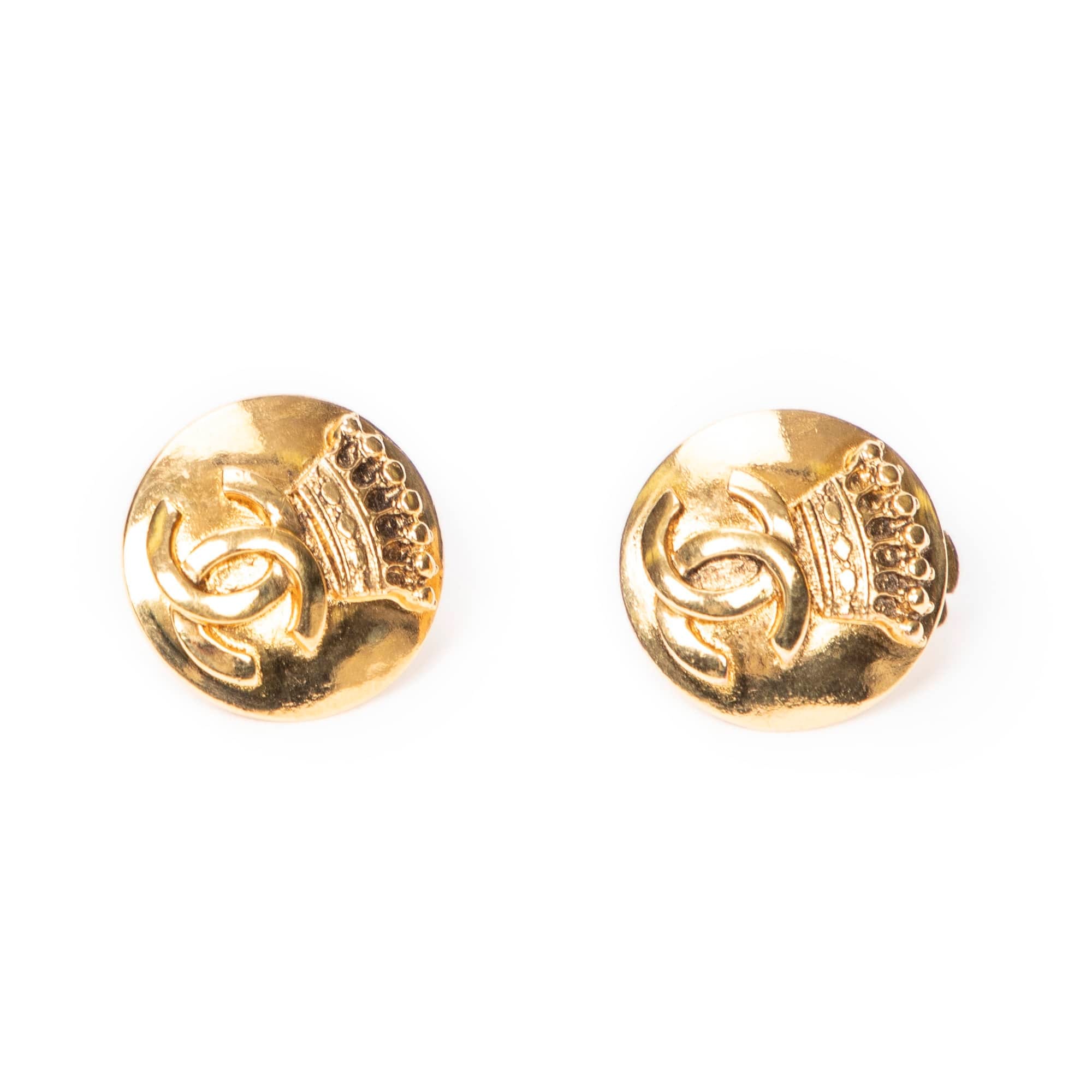 Chanel Gold Stainless Steel without Nickel CC Crown Round Clip On Earrings ABA7676