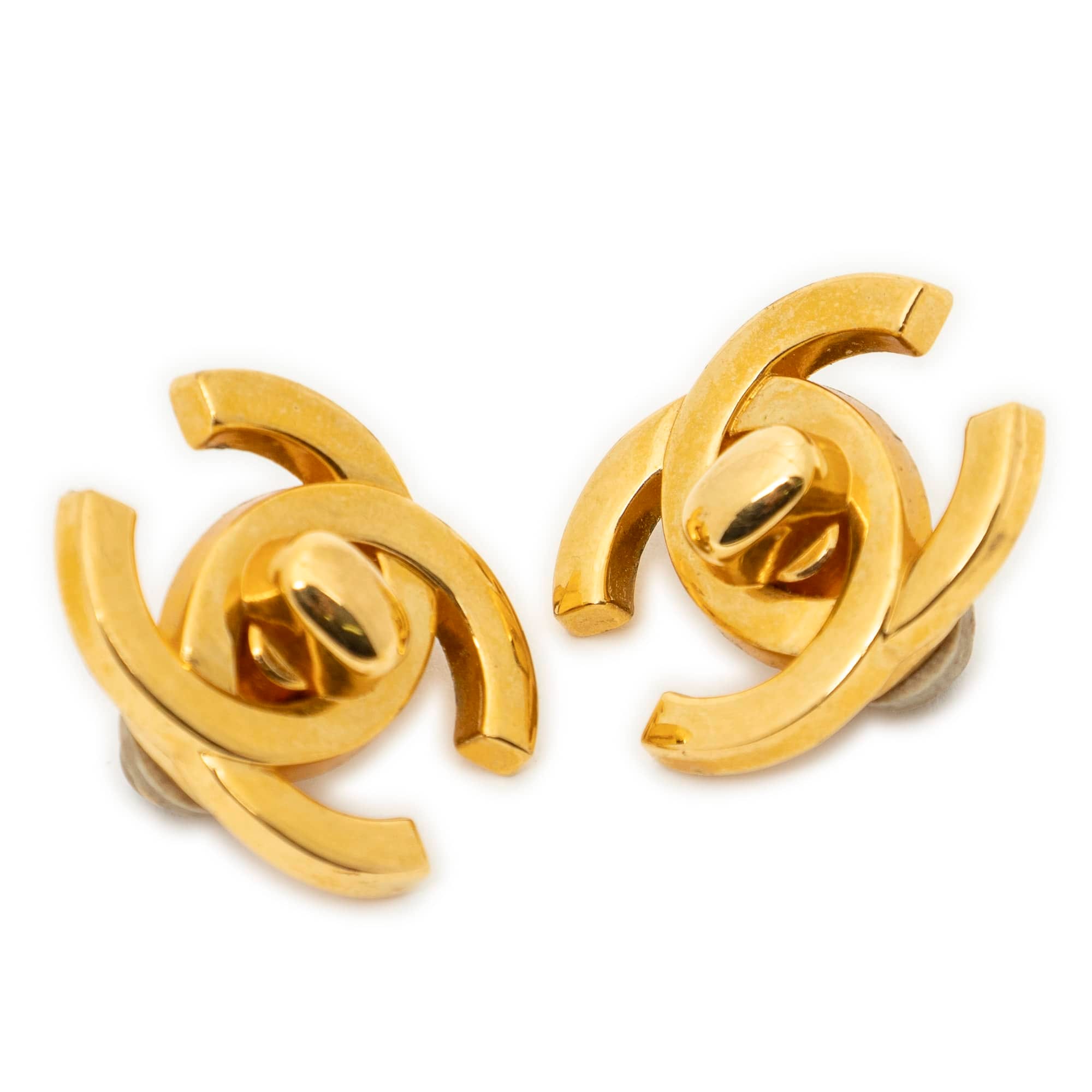 Chanel Gold Stainless Steel without Nickel CC Turn Lock Clip On Earrings ABC4611