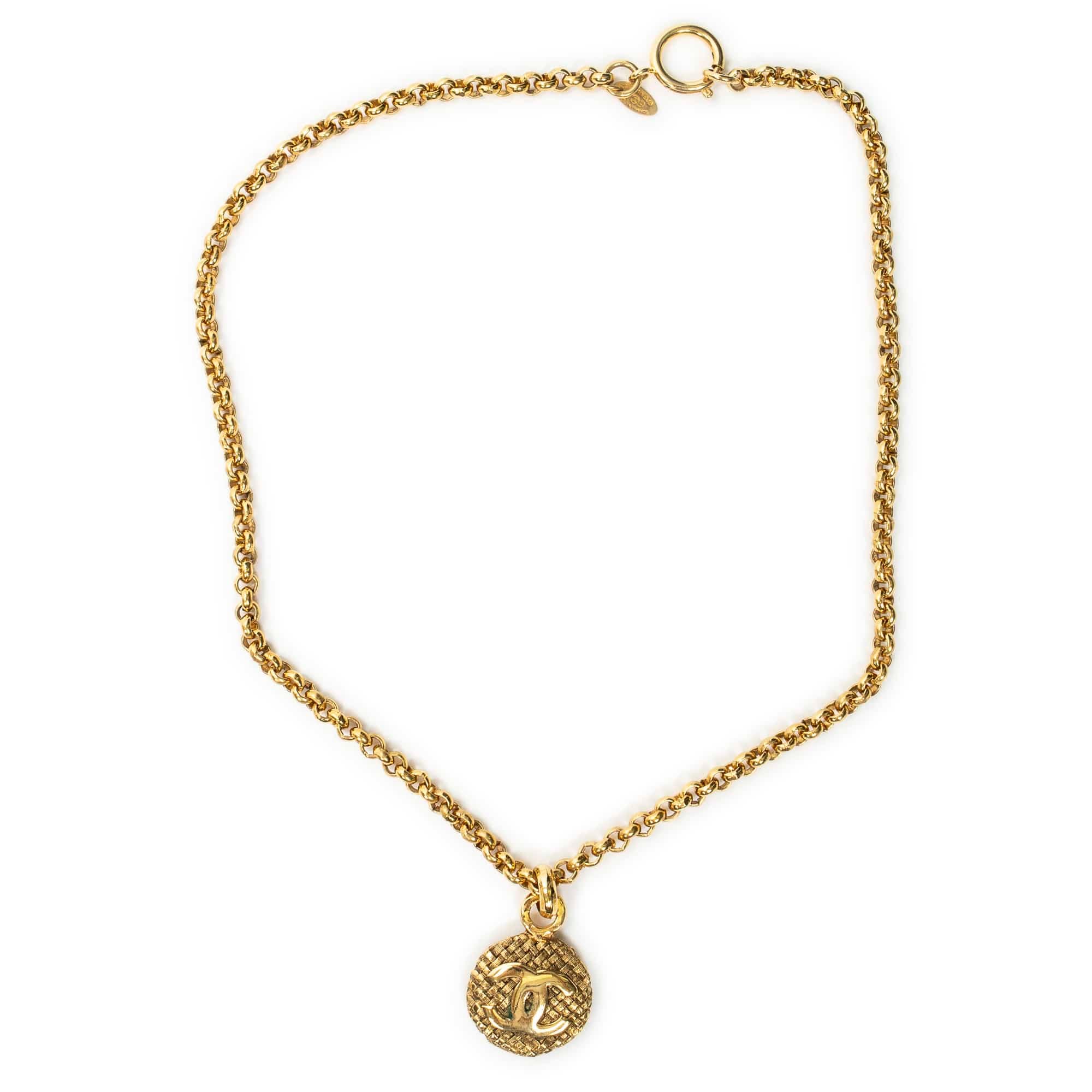 Chanel Gold Stainless Steel without Nickel CC Quilted Round Pendant ChainNecklace ABA4143