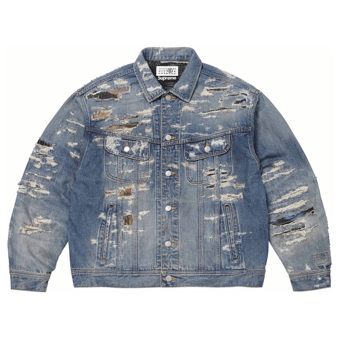 Supreme x MM6 Maison Margiela Blue Distressed Selvedge Denim Trucker Jacket