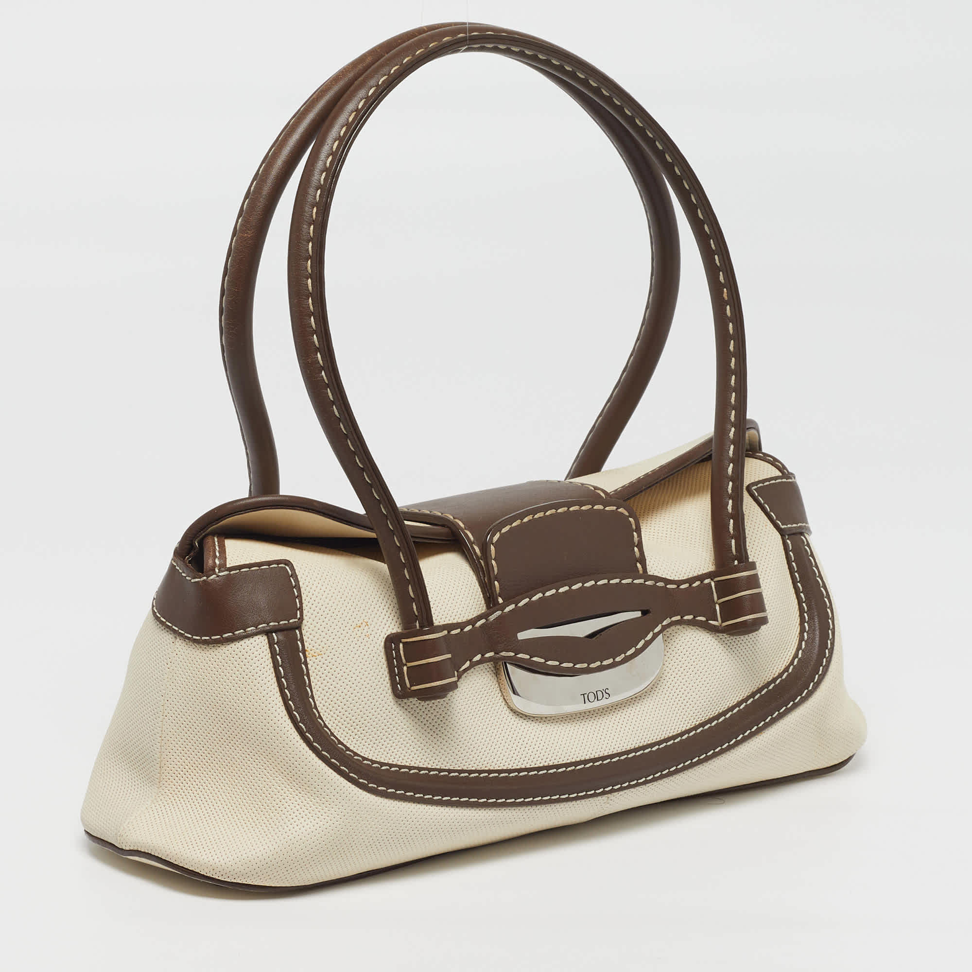 Off-White Tod's Flap Brown/off White Canvas And Leather Satchel