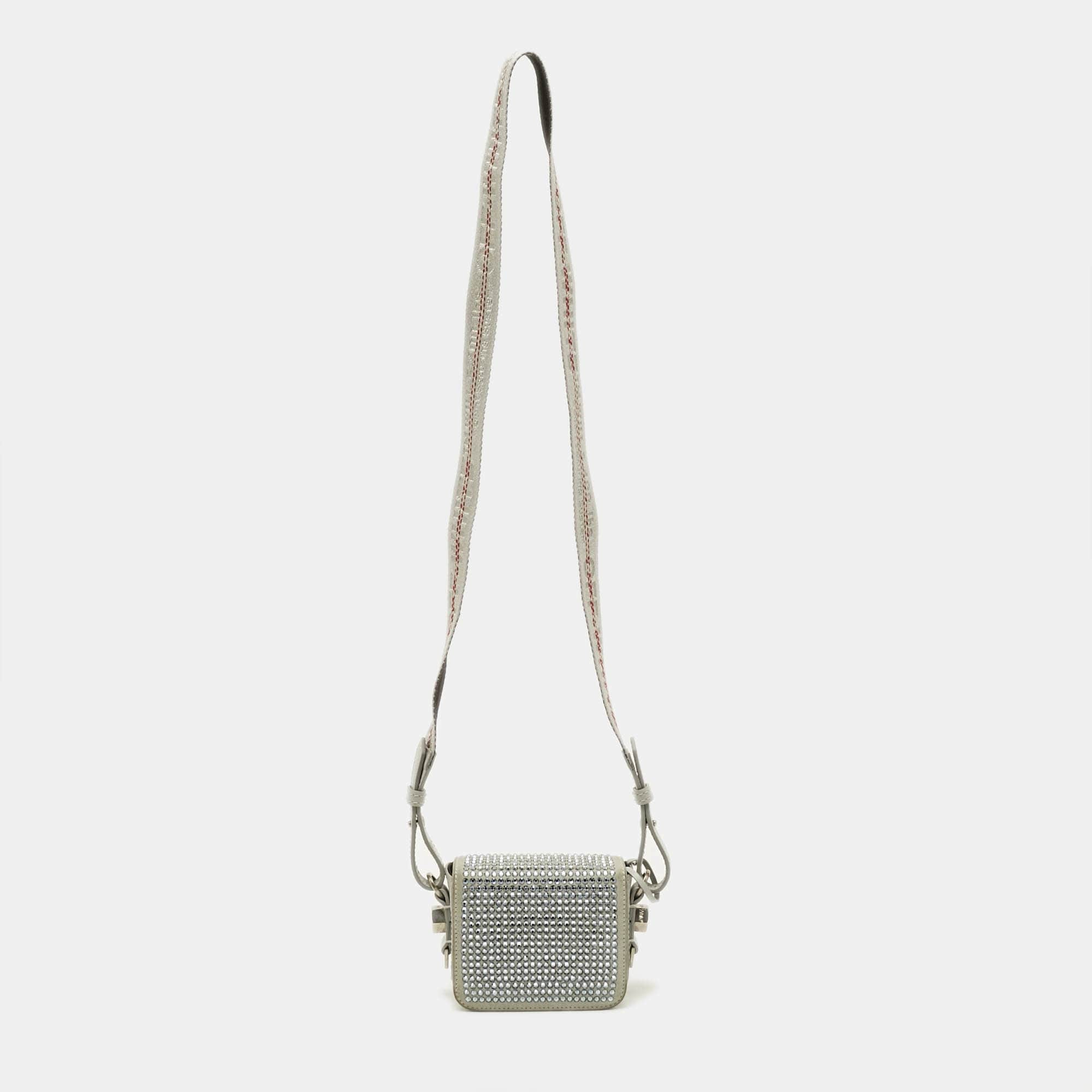Off - White C/o Virgil Abloh Baby Flap Light Grey Suede Crystal Embellished Bag