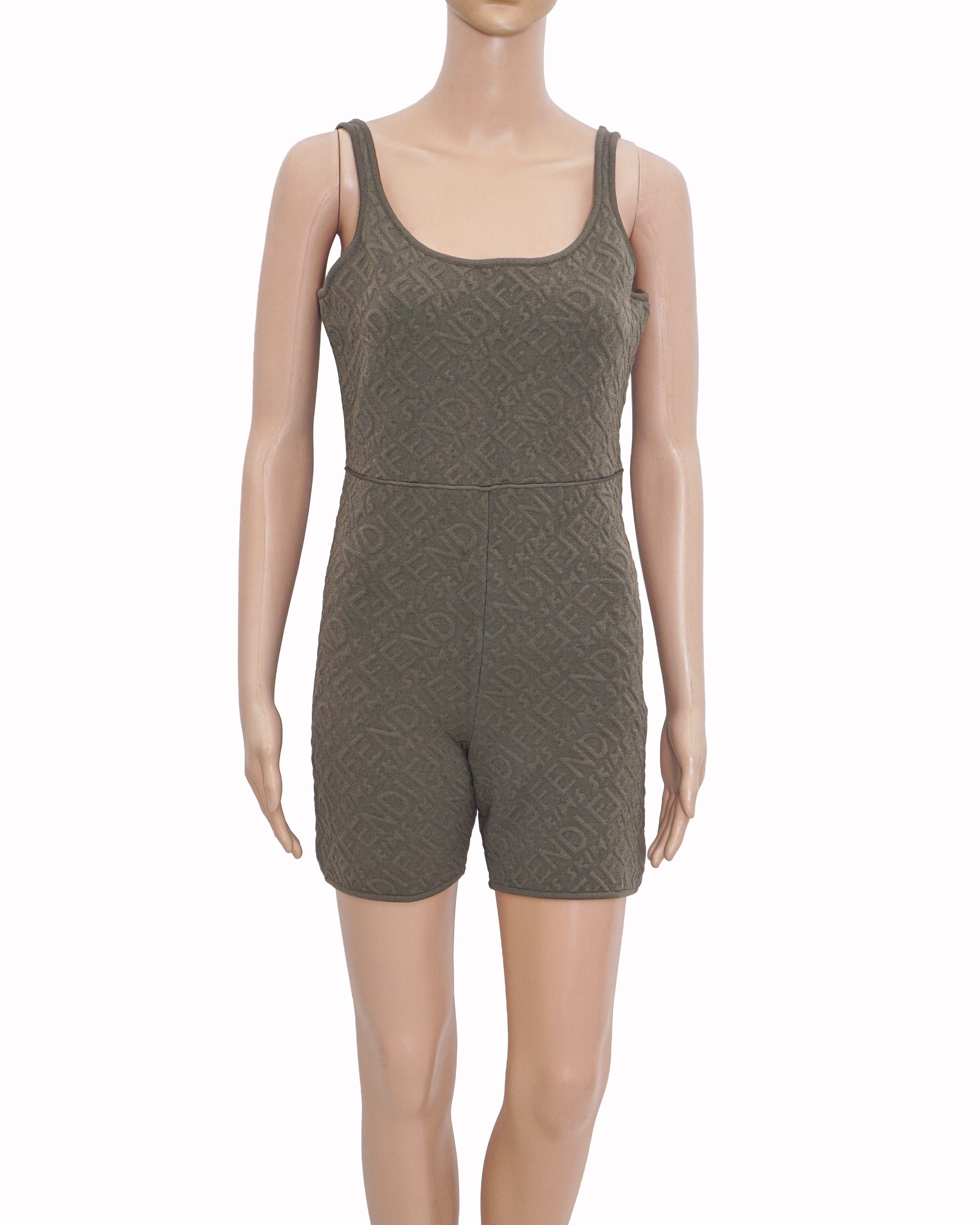 Fendi Olive Green Tonal FF Logo Knit Jumpsuit