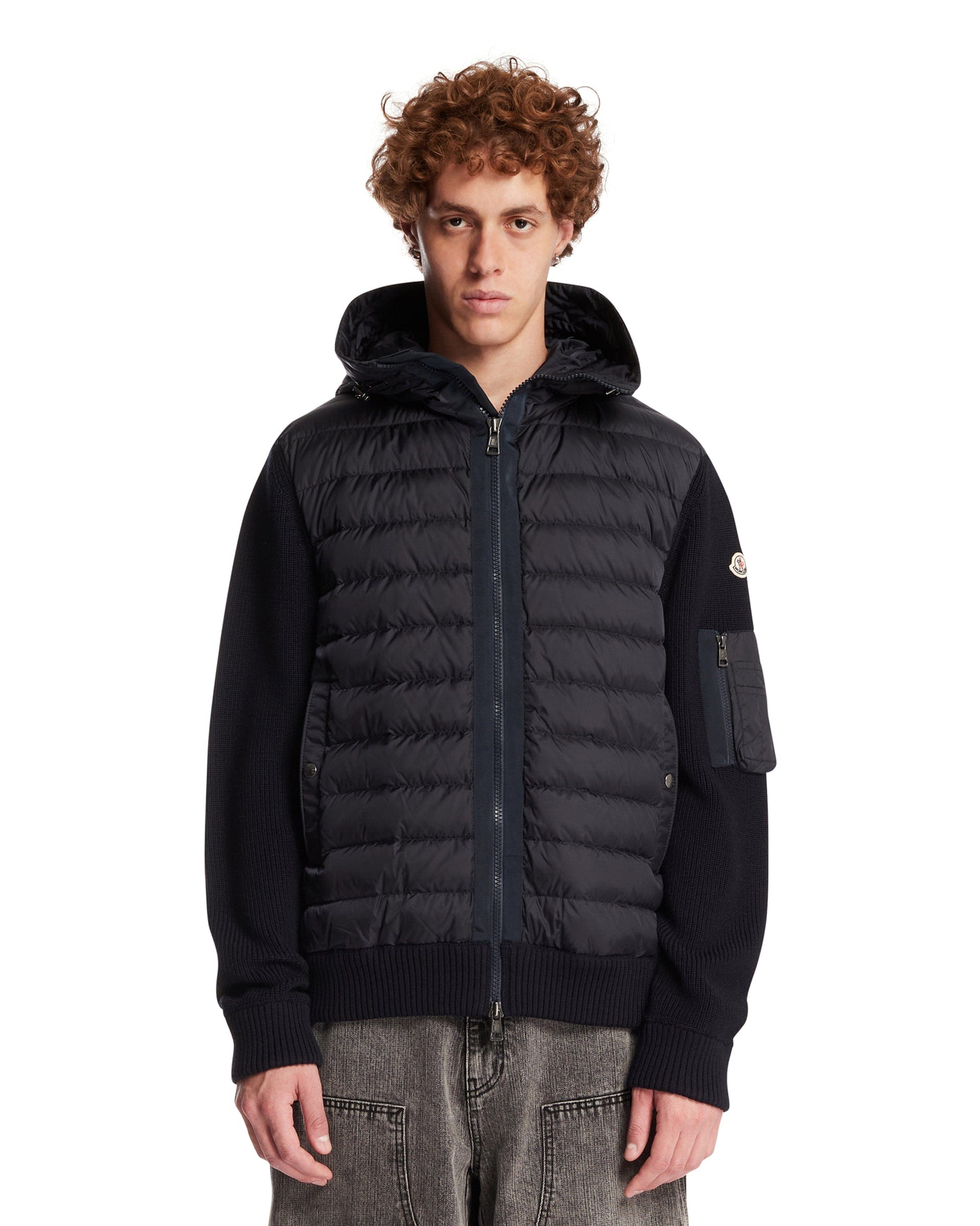 Moncler Cardigan Imbottito In Lana Con Zip Blu