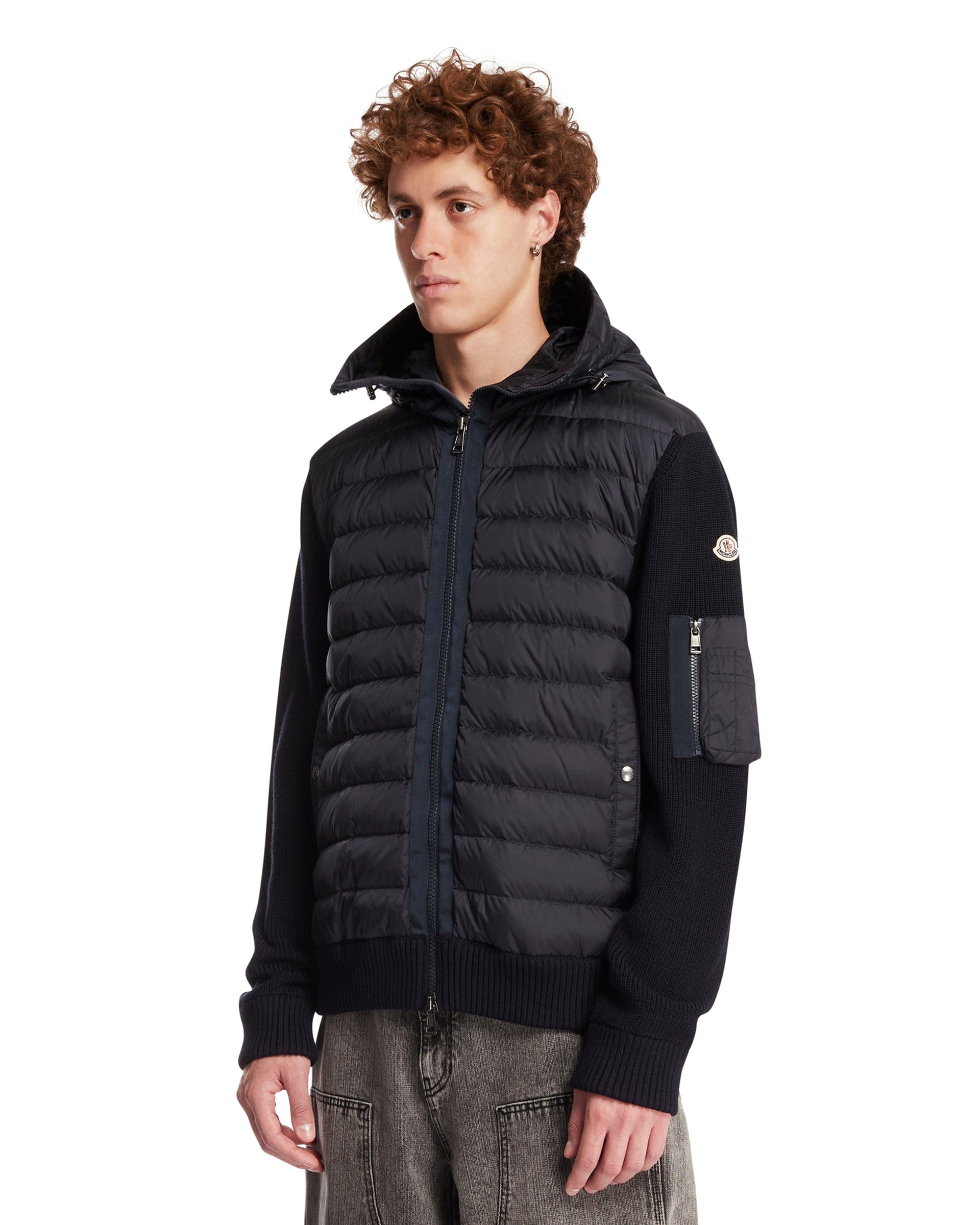 Moncler Cardigan Imbottito In Lana Con Zip Blu